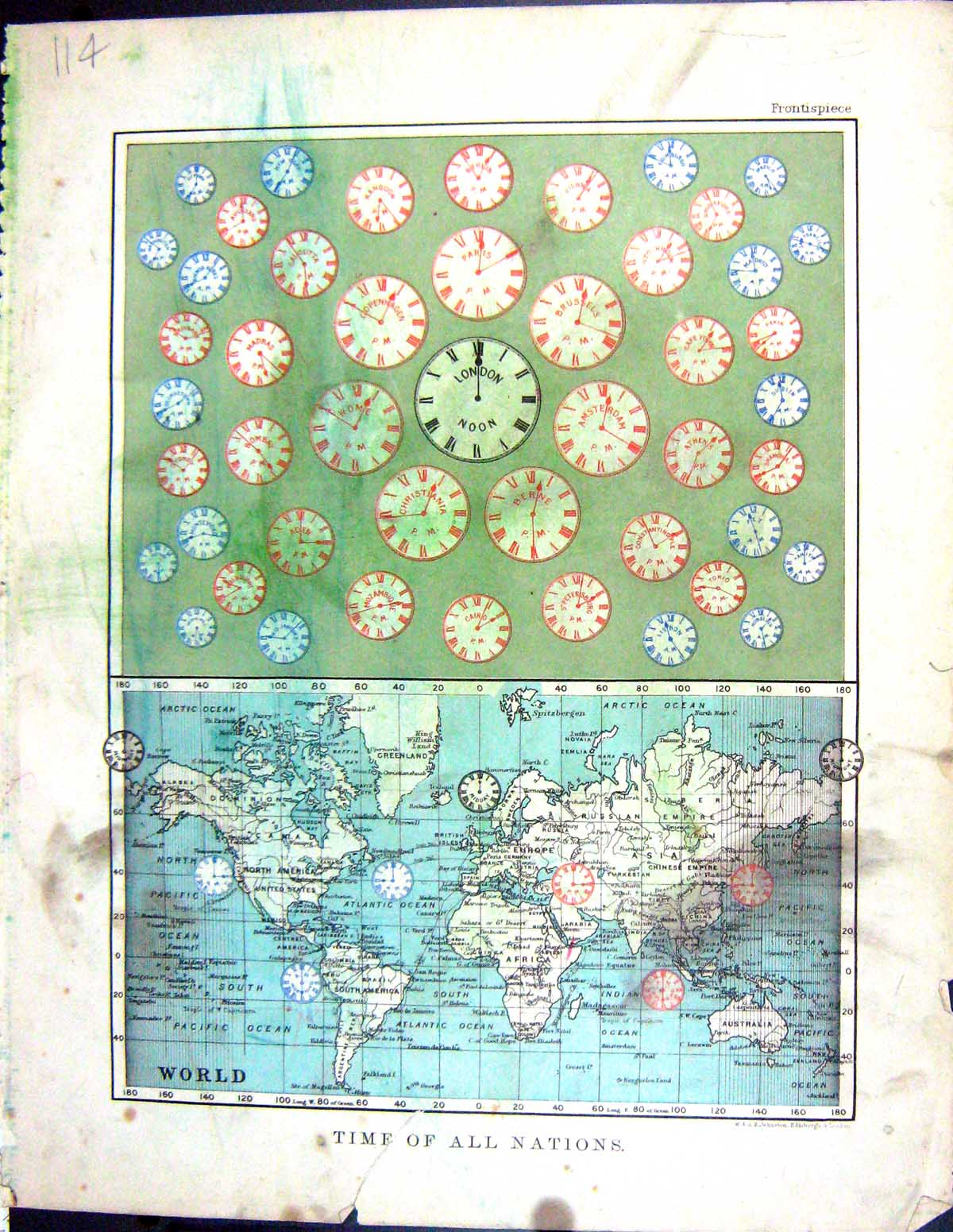 Old 1897 Johnston Map Time All Nations World Africa Europe Australia Victorian