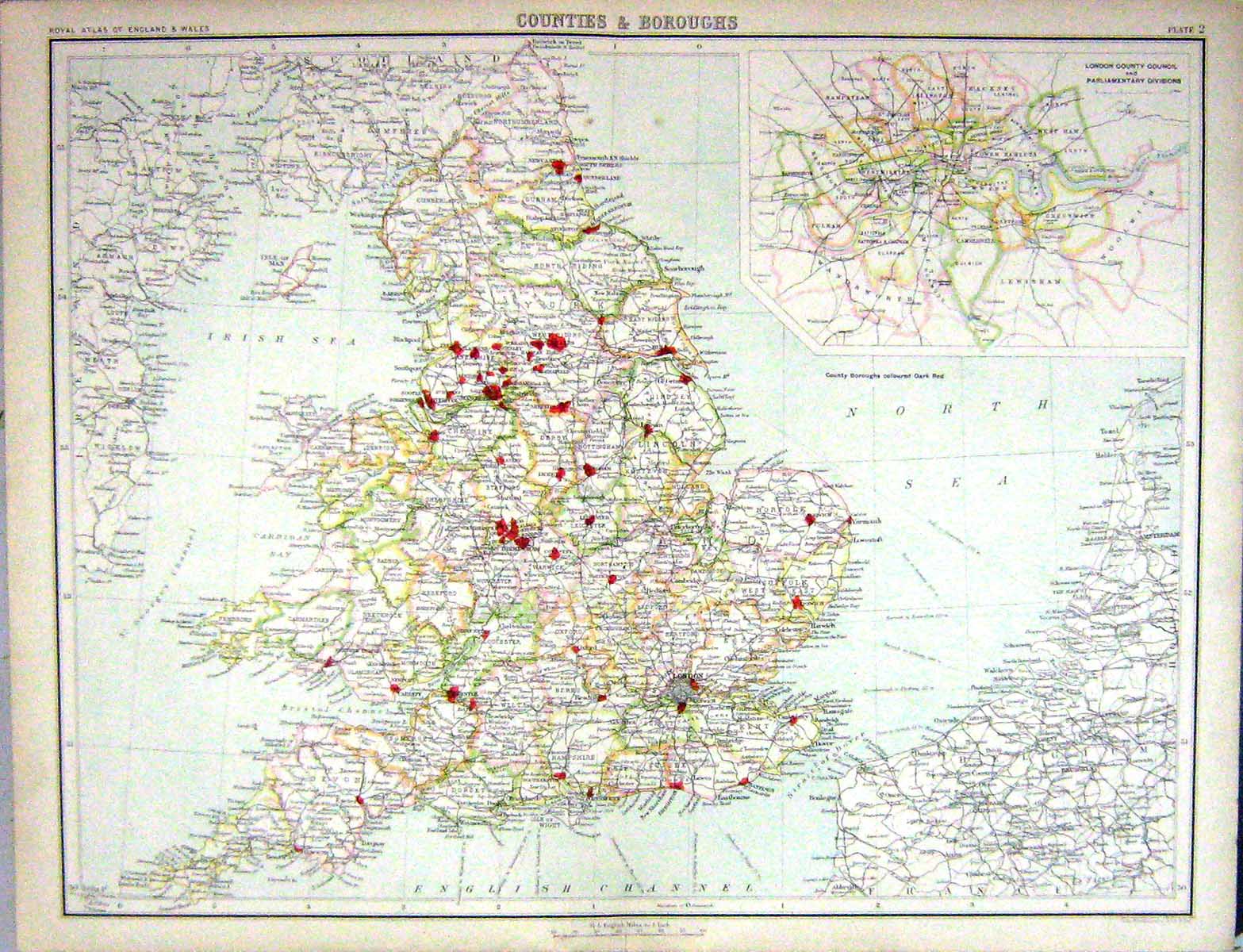 Antique Old Print Bartholomew Map England 1891 Counties Boroughs Plan London