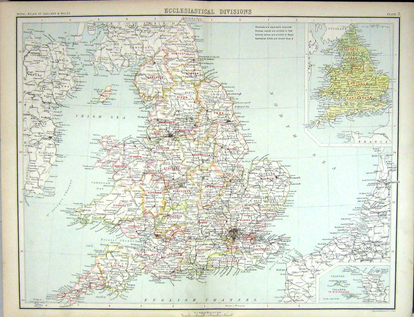 Old Bartholomew Map England 1891 Ecclesiastical Divisions Channel Isl Victorian
