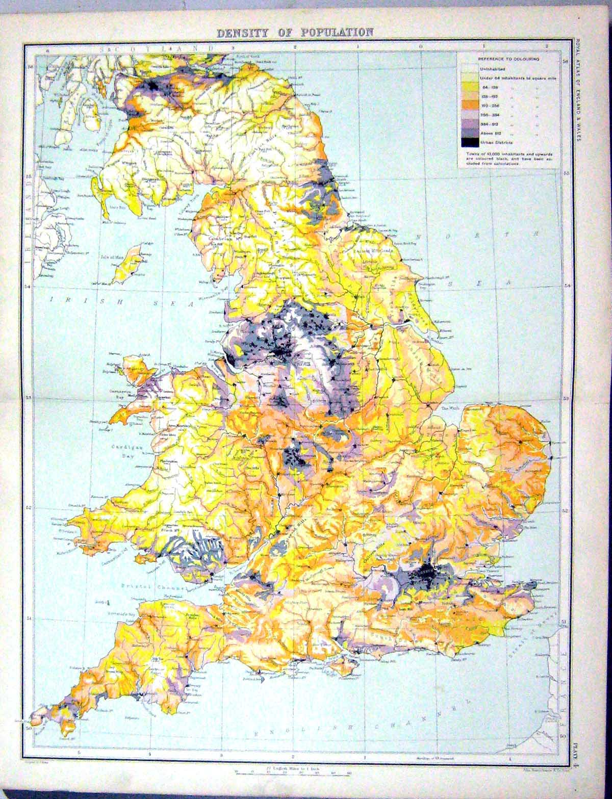 Antique Old Print Bartholomew Map England Density Population 1891 Isle Man 19th