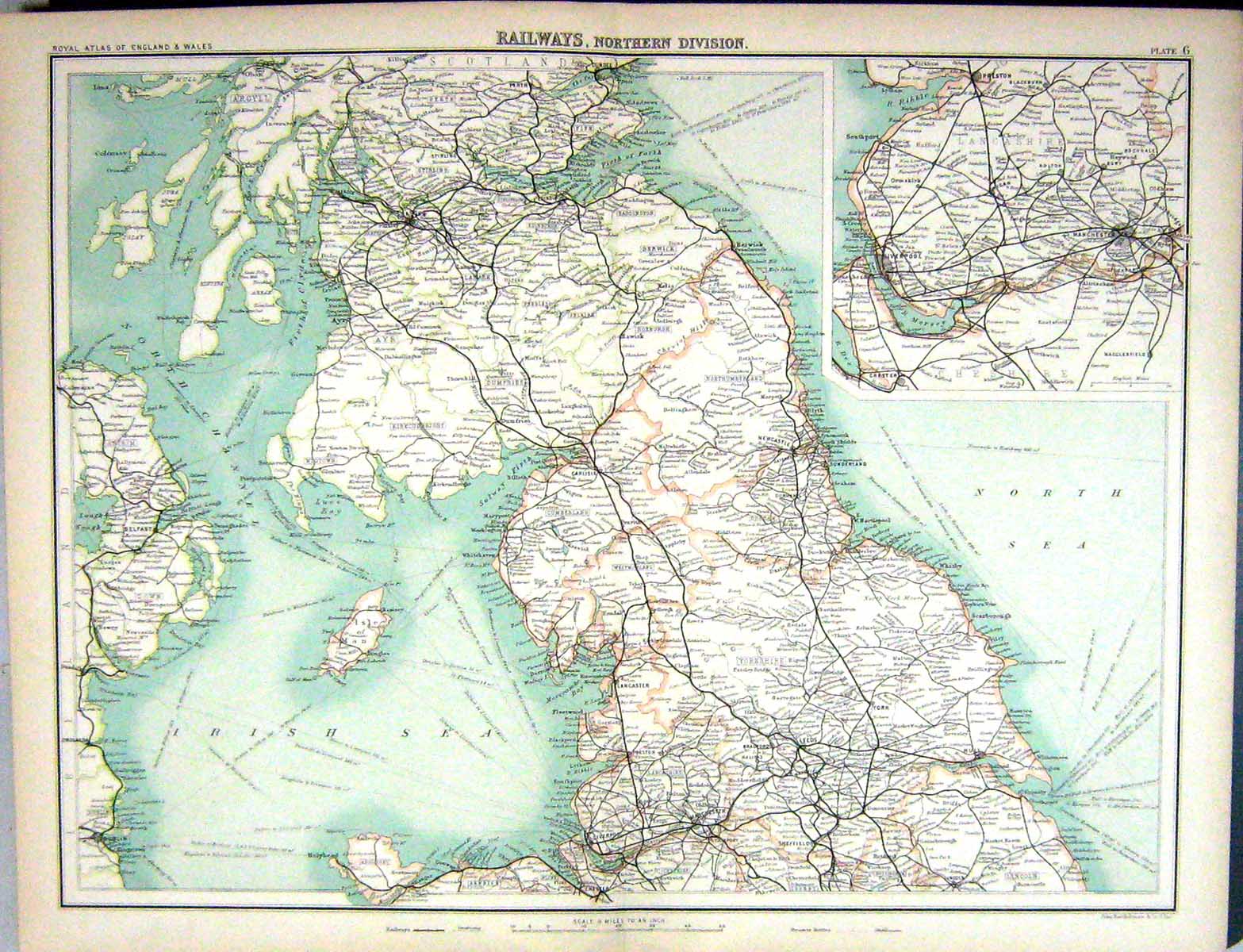 Old Bartholomew Map England 1891 Railways Manchester Carlisle Glasgow Victorian