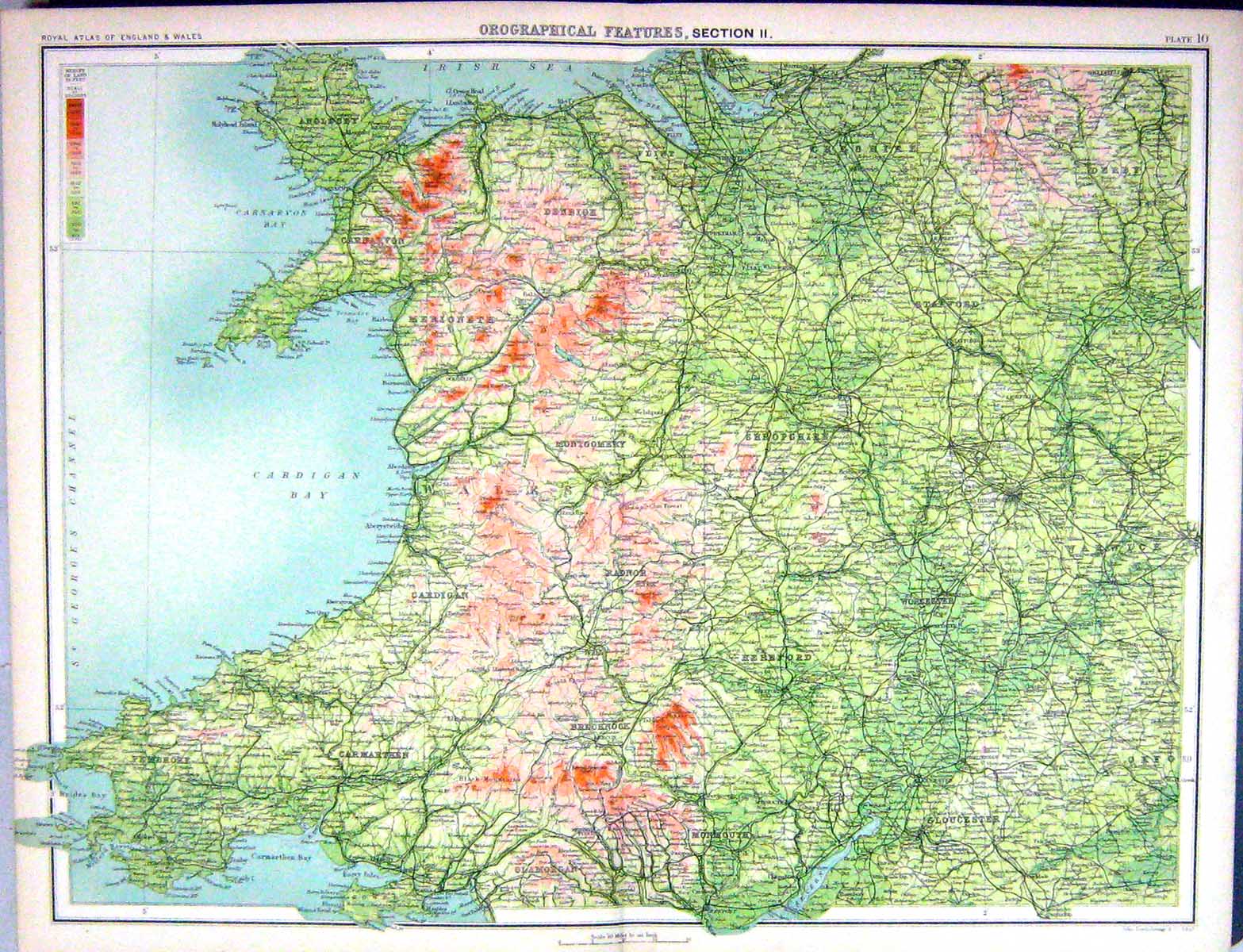 Old Bartholomew Map England 1891 Orographical Features Wales Cardigan Victorian