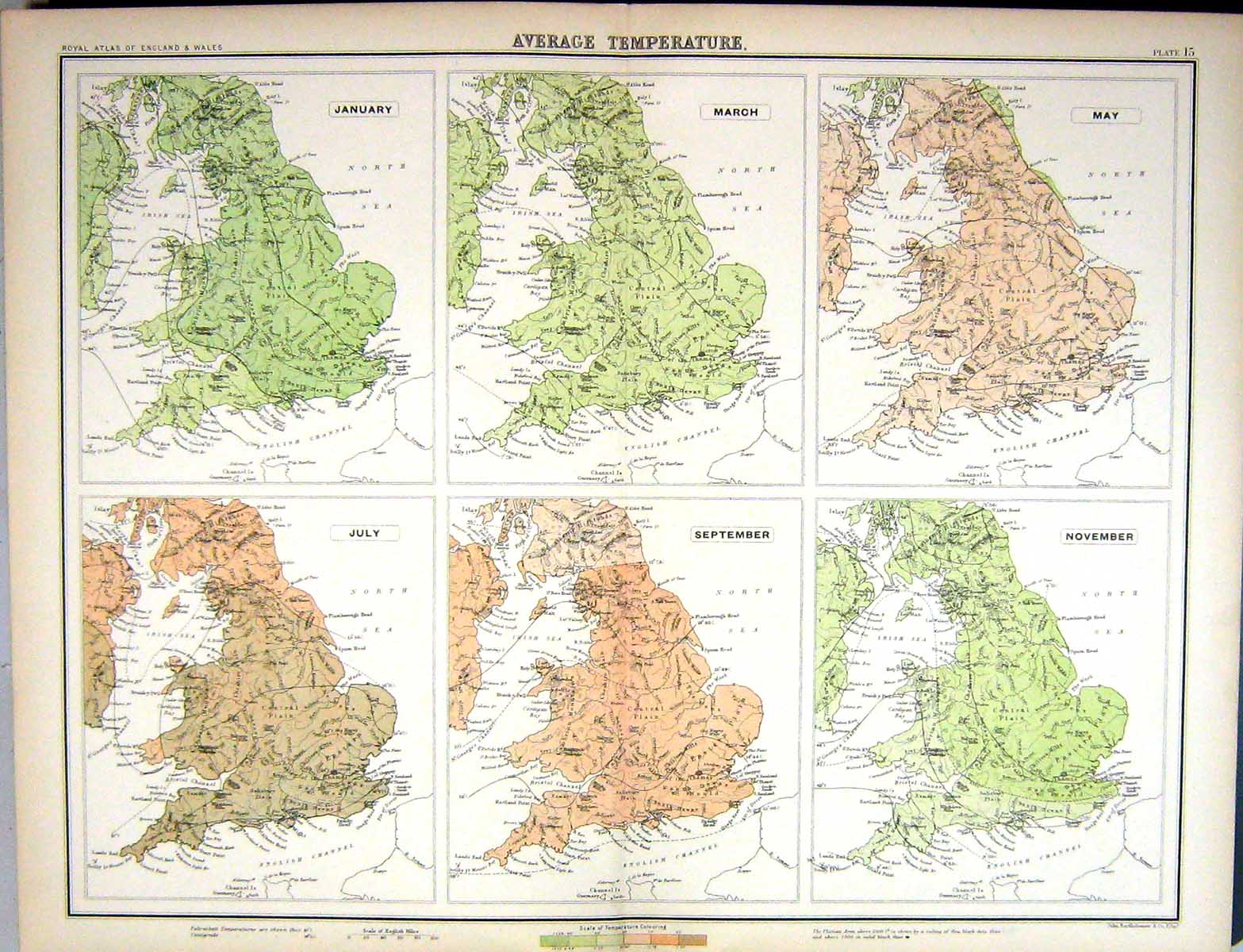 Old Bartholomew Map England Average Temperatures Months March May 189 Victorian