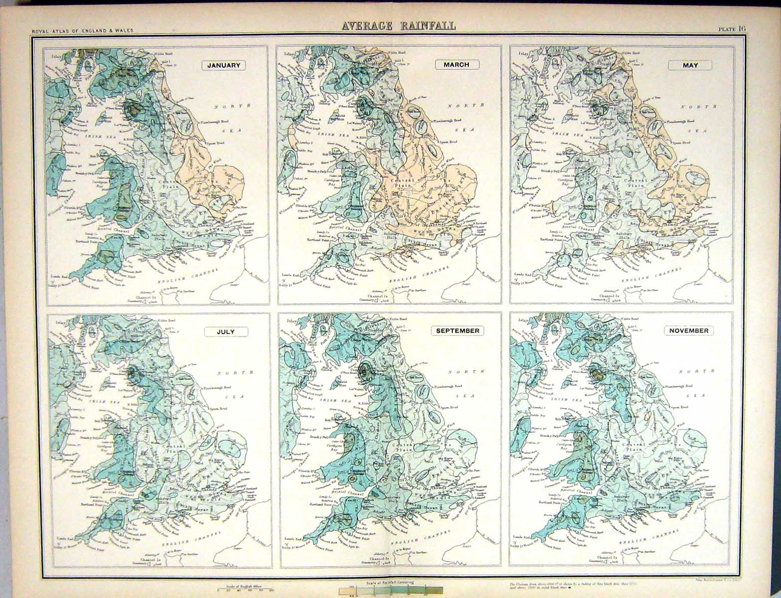 Old Print Bartholomew Map Average Rainfall January November England 1891 19th