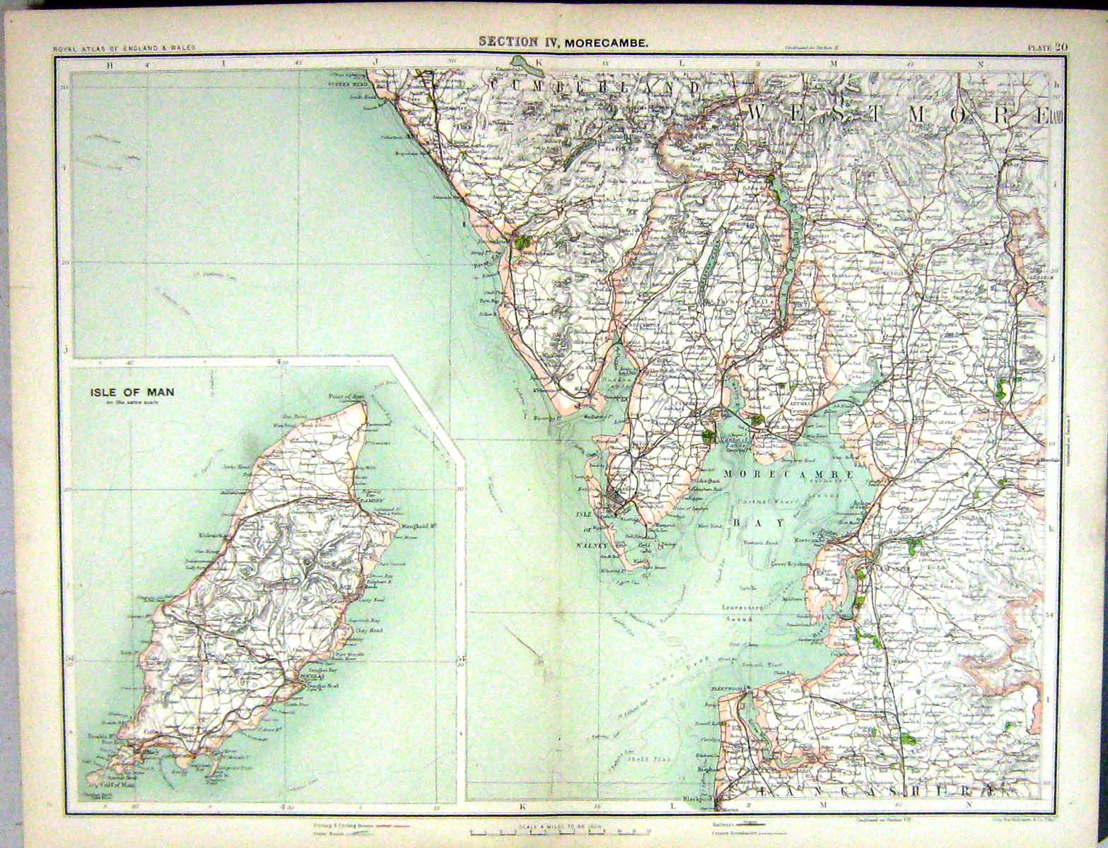 Old Print Bartholomew Map England 1891 Morcambe Isle Man Walney Lancaster 19th