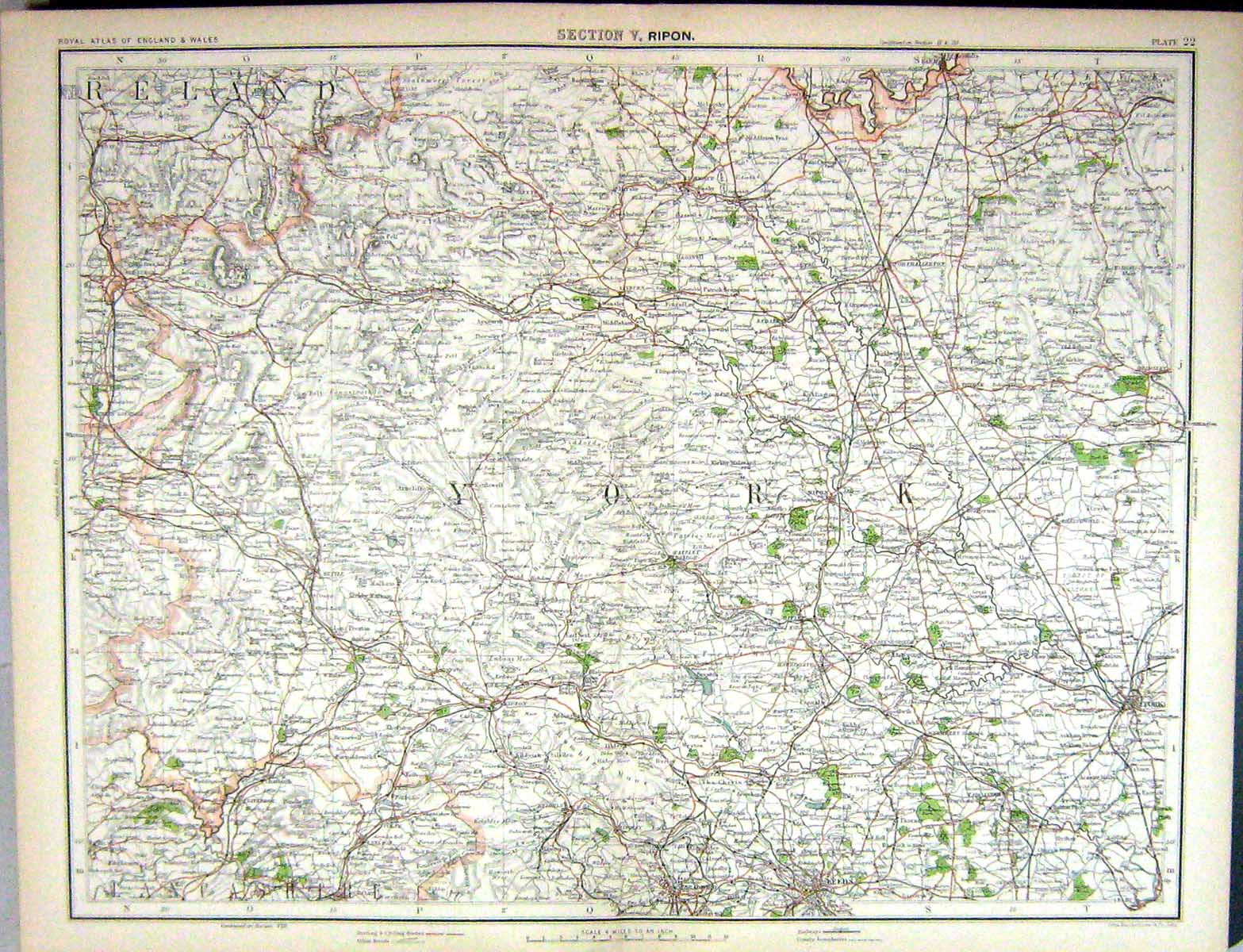 Old Bartholomew Map England 1891 Ripon Leeds York Skipton Northallert Victorian