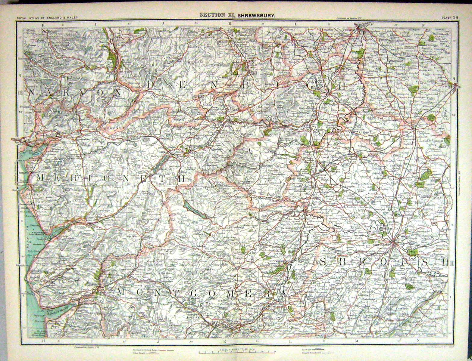 Antique Print Bartholomew Map England 1891 Shrewsbury Montgomery Shropshire