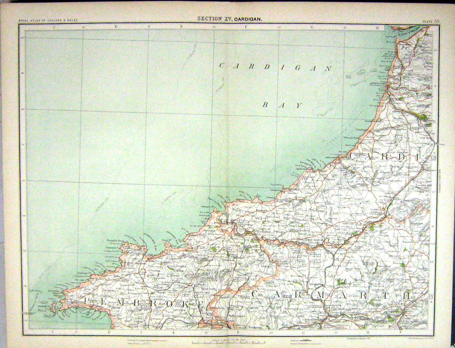 Old Antique Print Bartholomew Map Cardigan Wales Pembroke Carmarthen 1891 19th