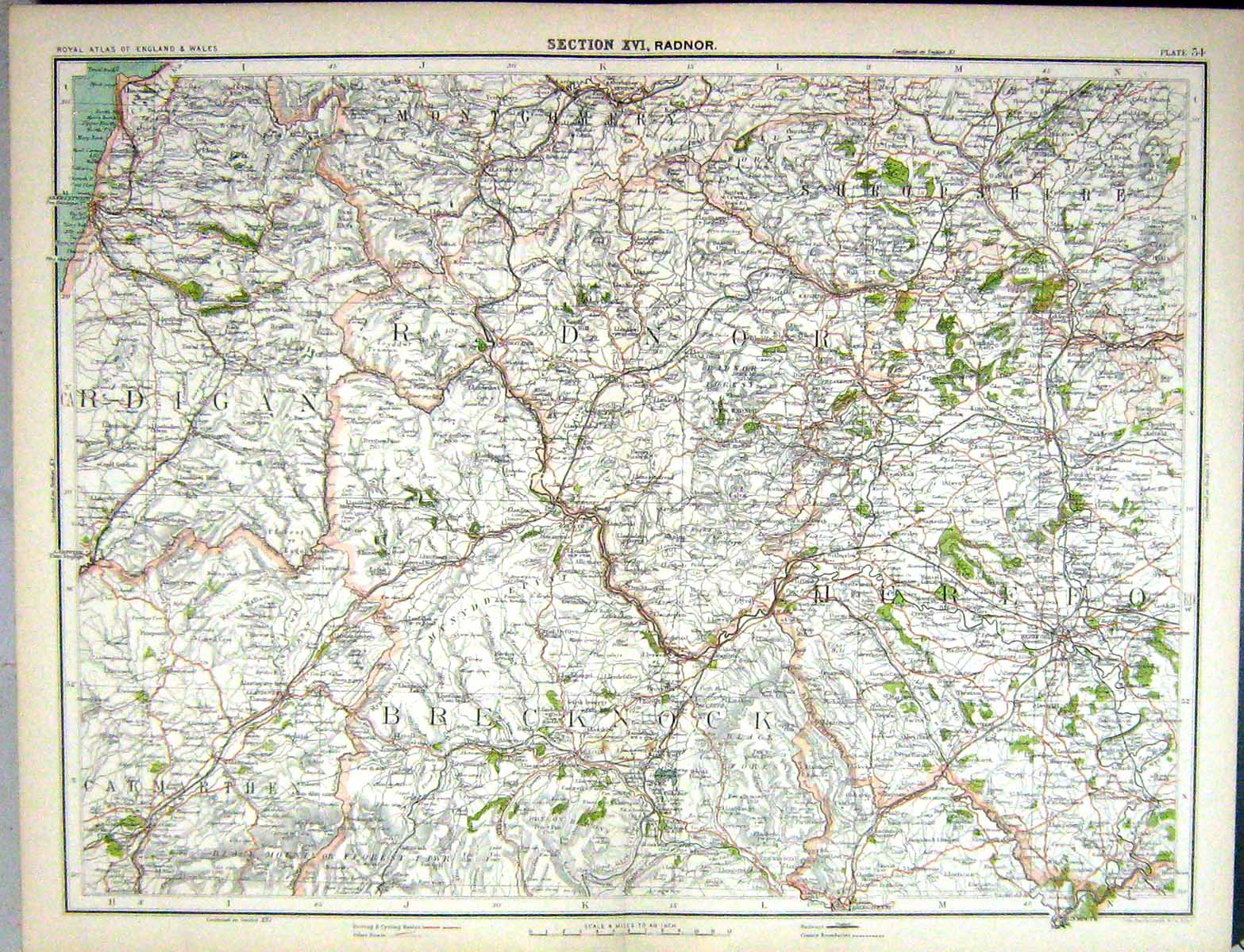 Old Bartholomew Map England 1891 Radnor Brecknock Hereford Shropshire Victorian