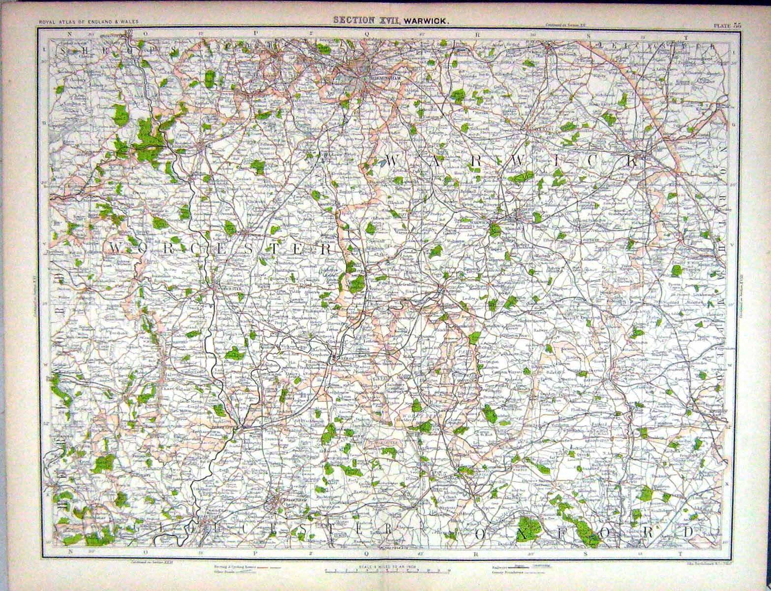 Old Bartholomew Map England 1891 Warwick Worcester Cheltenham Glouces Victorian