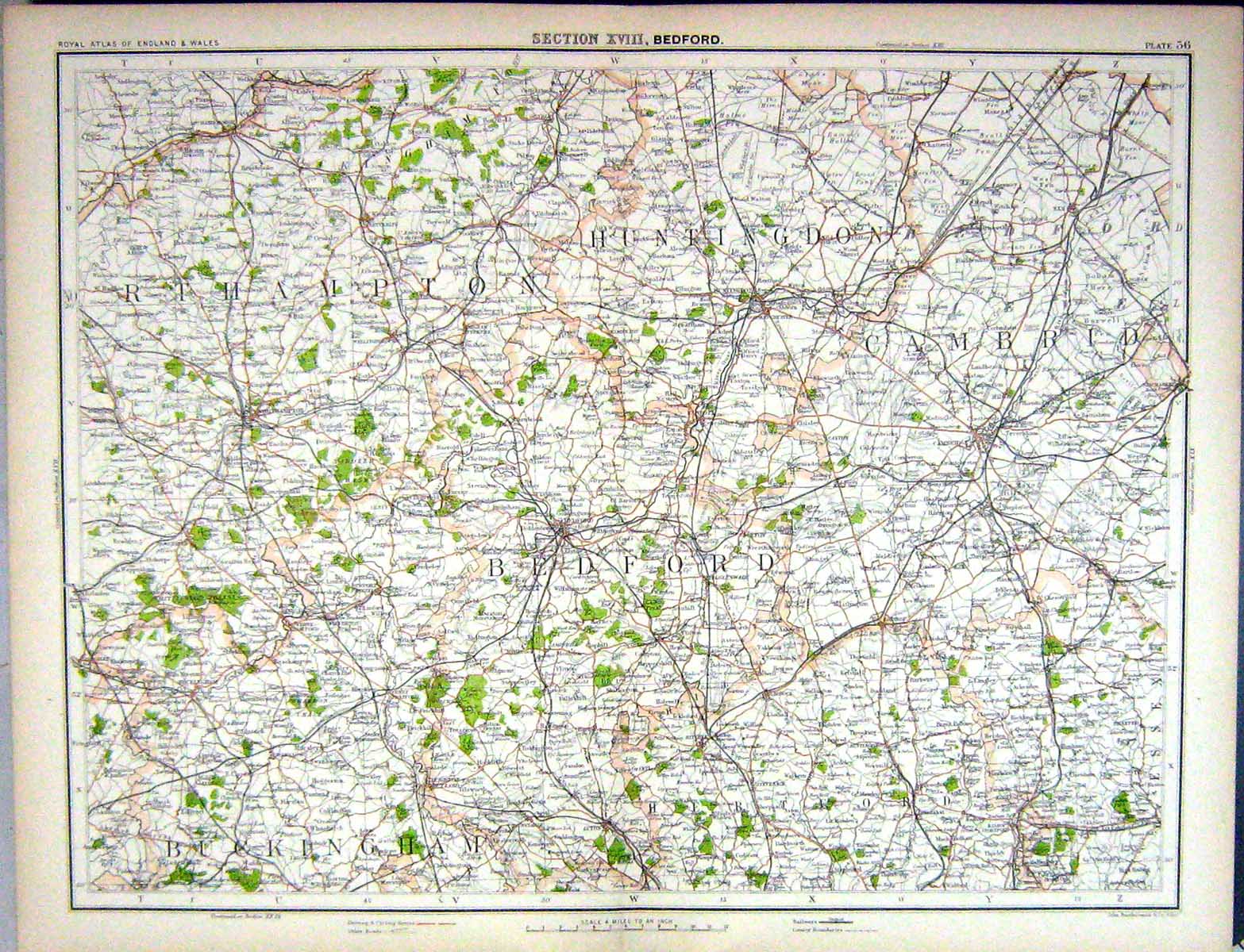 Old Bartholomew Map England 1891 Bedford Huntingdon Northampton Cambr Victorian