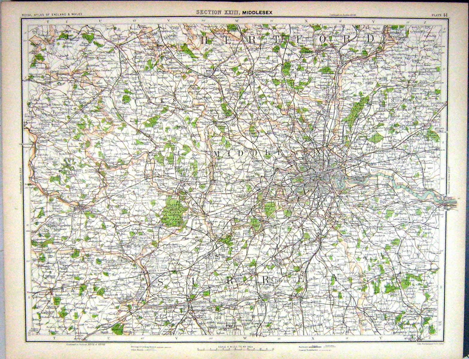 Old Print Bartholomew Map England 1891 Middlesex London Reigate Wokingham 19th