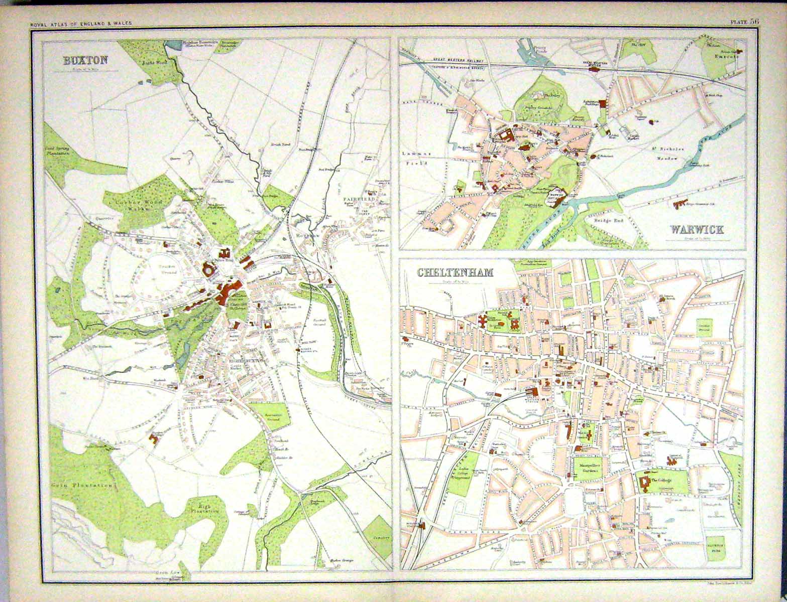 Antique Old Print Bartholomew Map England 1891 Plan Buxton Warwick Cheltenham