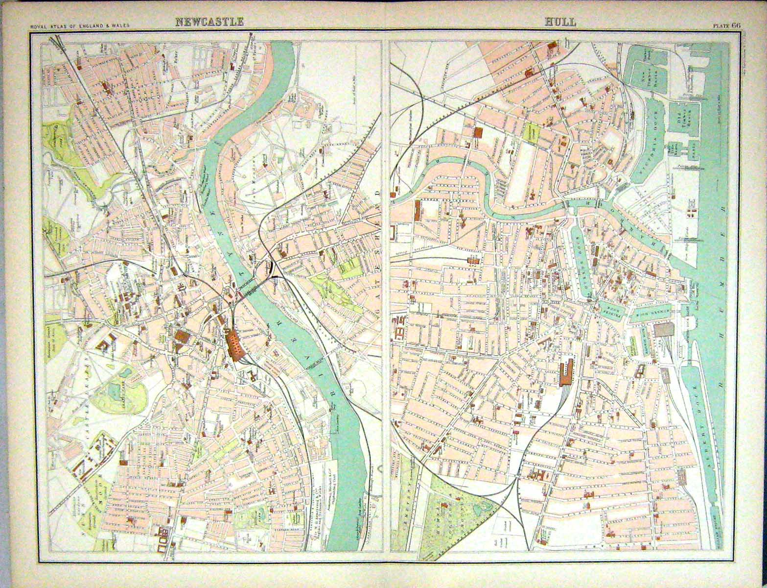 Old Bartholomew Map England 1891 Street Plan Newcastle Hull River Tyn Victorian