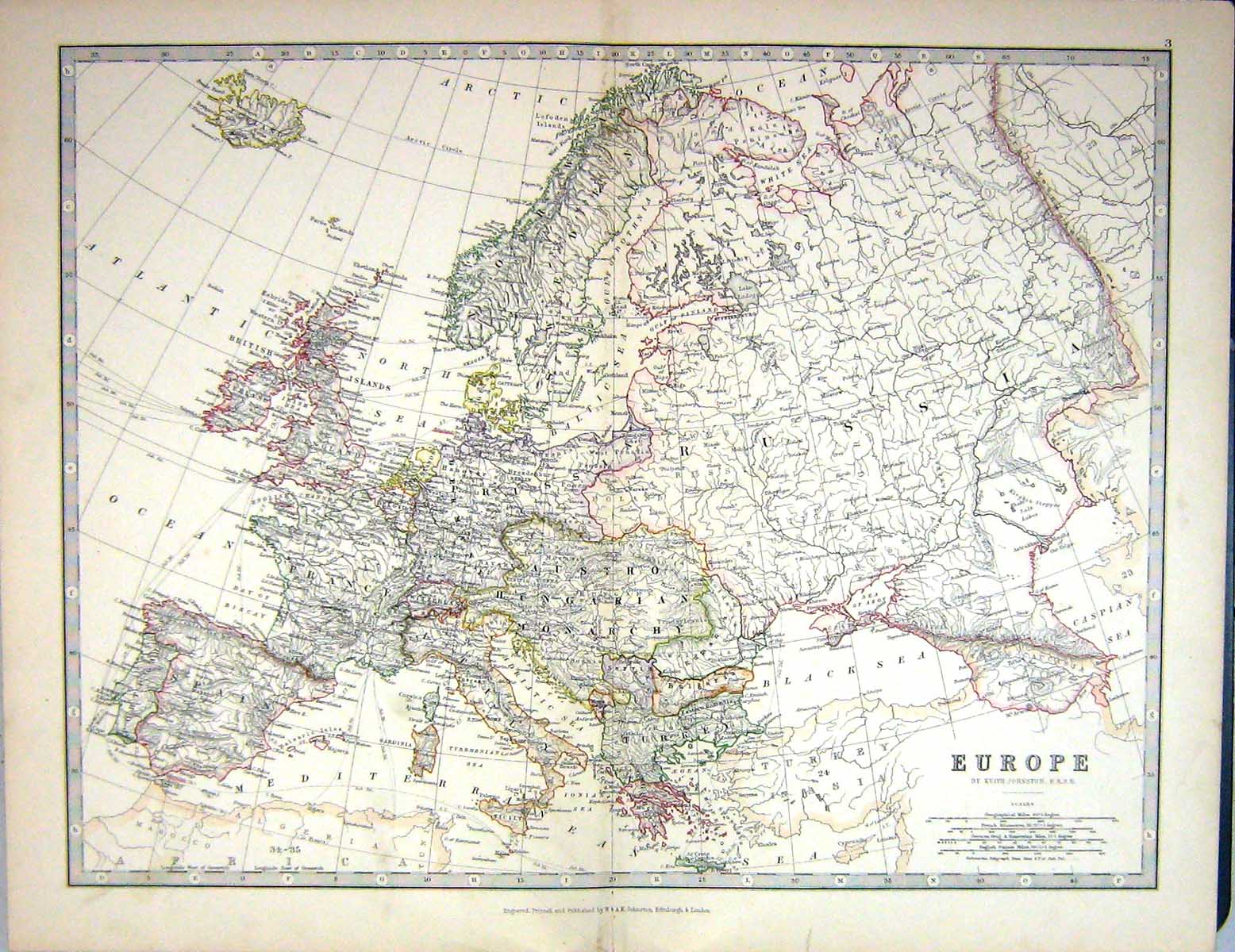 Old 1881 Johnston Map Europe British Isles France Germany Spain Russi Victorian