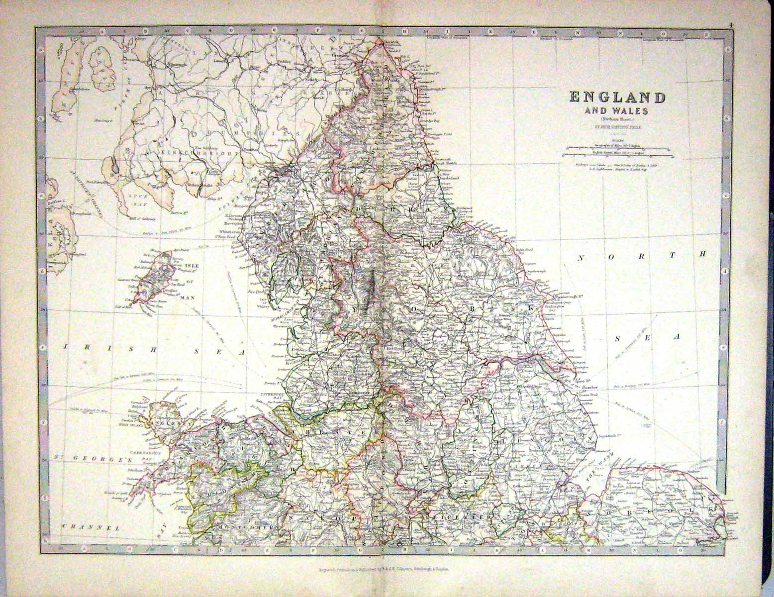 Old 1881 Johnston Map England Wales Isle Man North Sea Anglesey Wash Victorian
