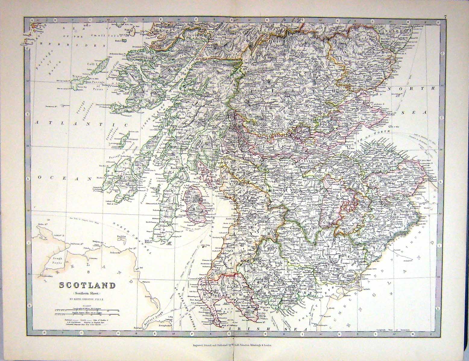 Antique Print 1881 Johnston Map Scotland Araan Firth Forth Perth Edinburgh 19th