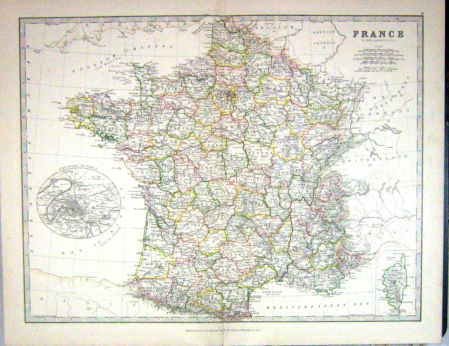 Old 1881 Johnston Map France Environs Paris Corsica Mediterranean Sea Victorian