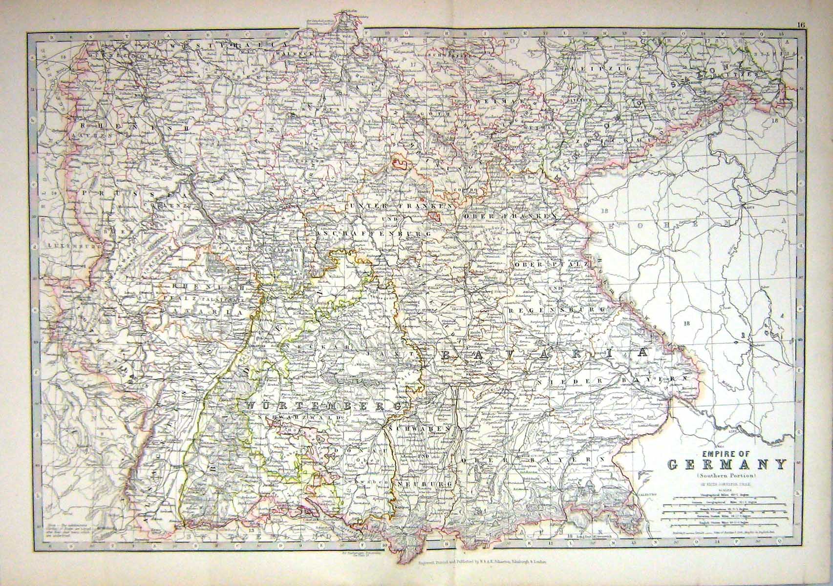 Antique Old Print 1881 Johnston Map Empire Germany Wurtemberg Neuburg Prussia