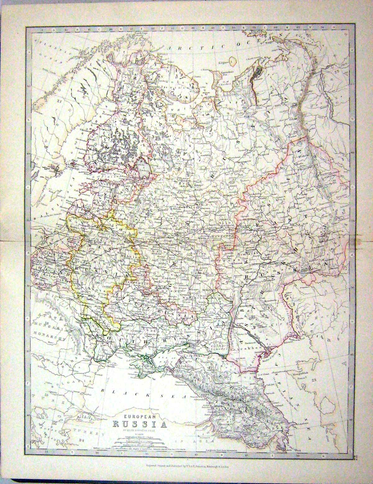 Antique Old Print 1881 Johnston Map European Russia Poland Black Sea Caspian