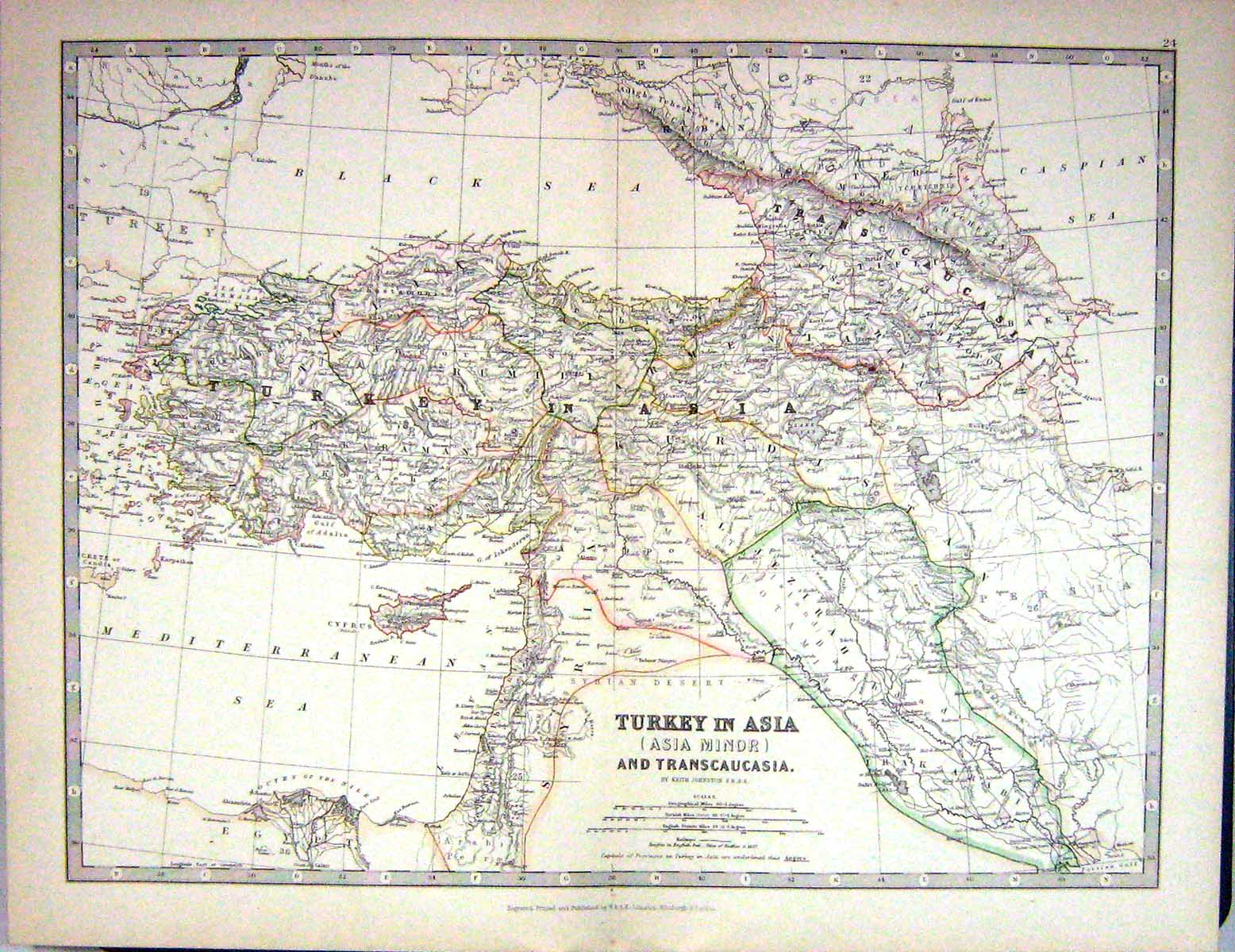 Old Print 1881 Johnston Map Turkey Asia Minor Transcaucasia Cyprus Turkey 19th