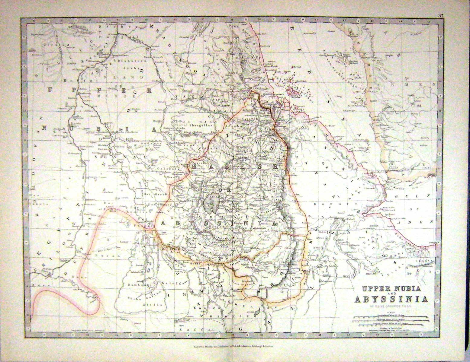 Antique Old Print 1881 Johnston Map Upper Nubia Abyssinia Red Sea Guld Aden