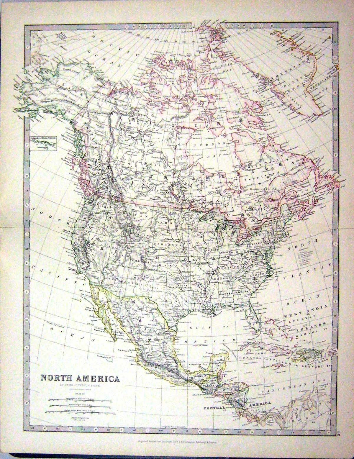 Old 1881 Johnston Map North America Mexico Cuba Haiti Canada Hudson B Victorian