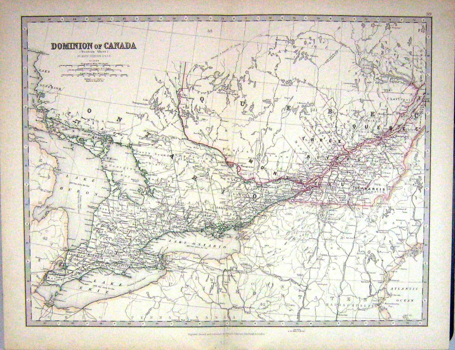 Antique Old Print 1881 Johnston Map Dominion Canada Lake Huron Ontario Quebec