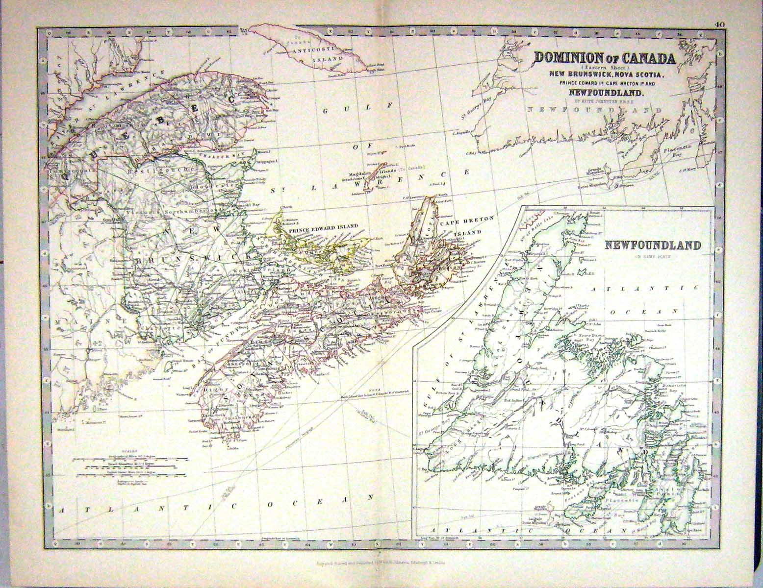 Old 1881 Johnston Map Dominion Canada Newfoundland Prince Edward Bret Victorian