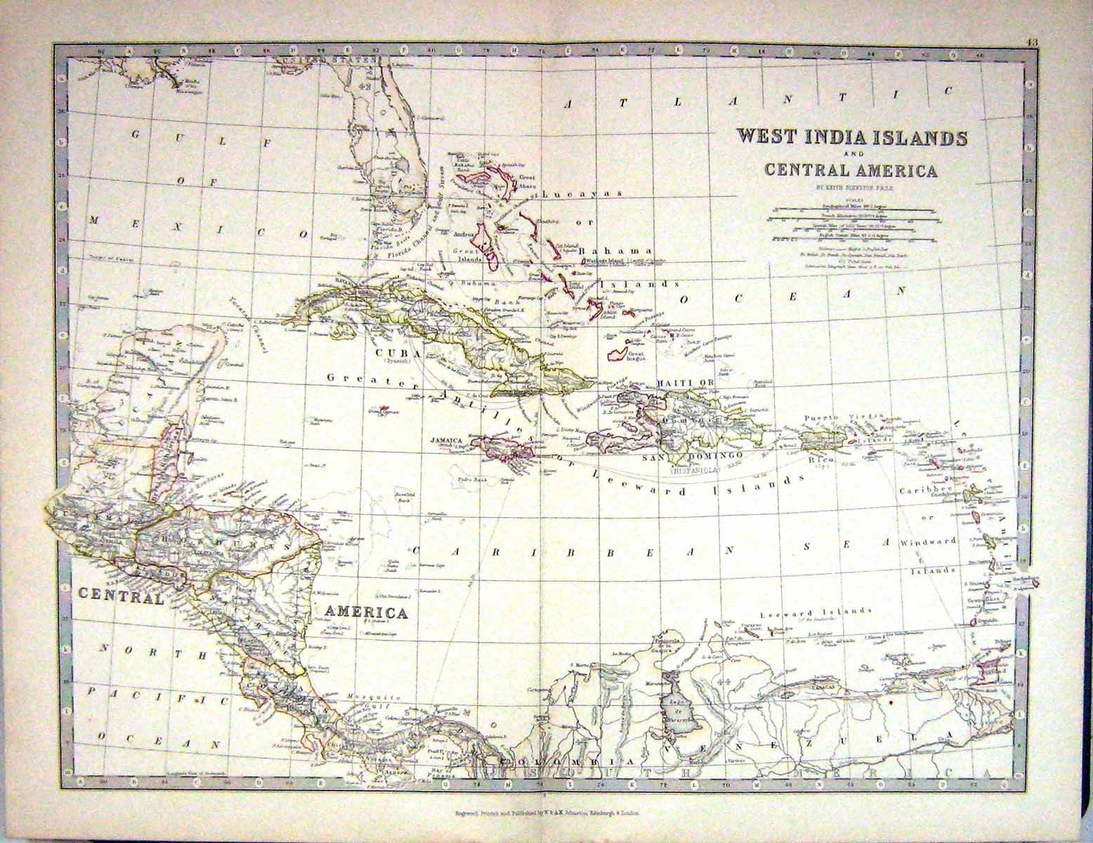 Old 1881 Johnston Map West India Islands Central America Honduras Cub Victorian