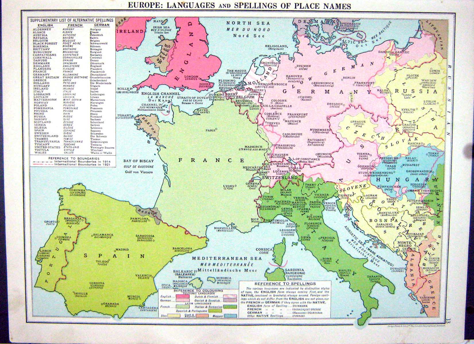Old Europe Languages Cassell Map 1920 British Isles Ireland North Sea 20th