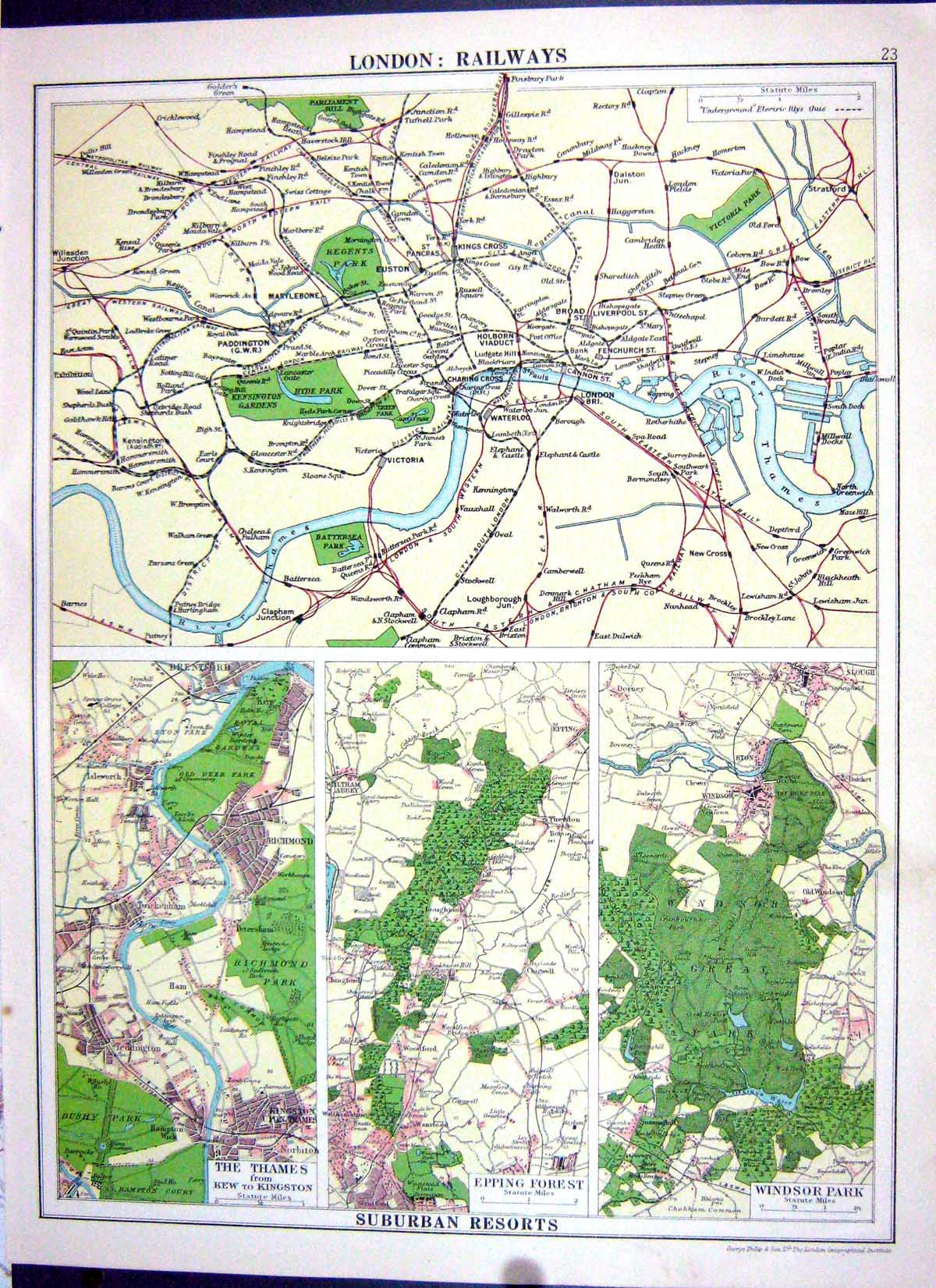 Antique Print Central London Railways Plan Epping Windsor Cassell Map 1920 20th