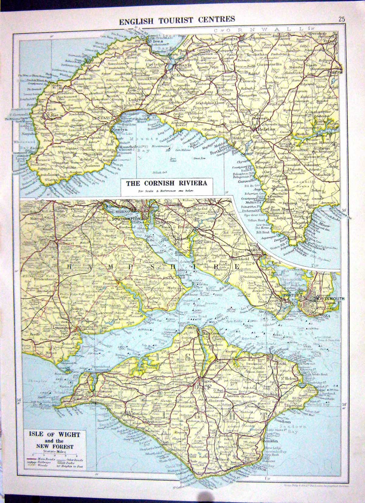 Old Cassell Map 1920 English Tourist Centre Cornish Riviera Isle Wigh 20th