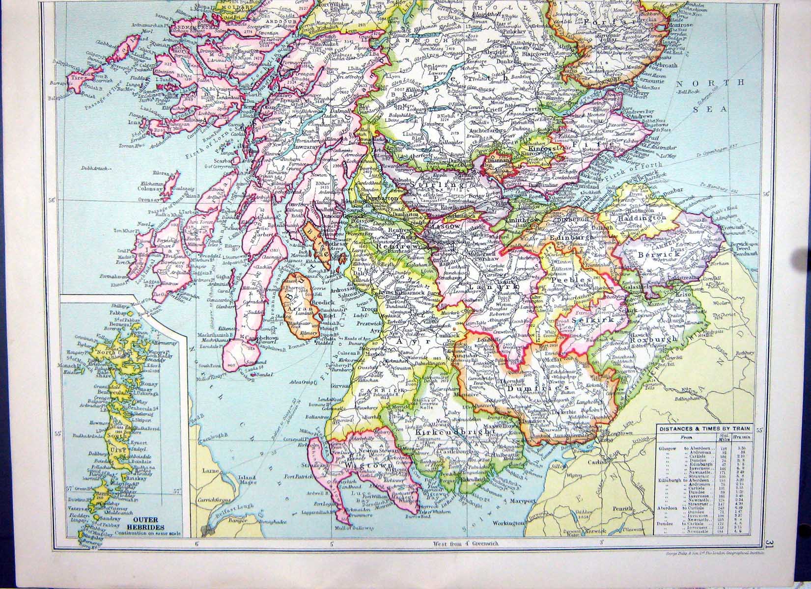 Old Vintage Print Cassell Map 1920 Scotland Outer Hebrides Glasgow Arran 20th