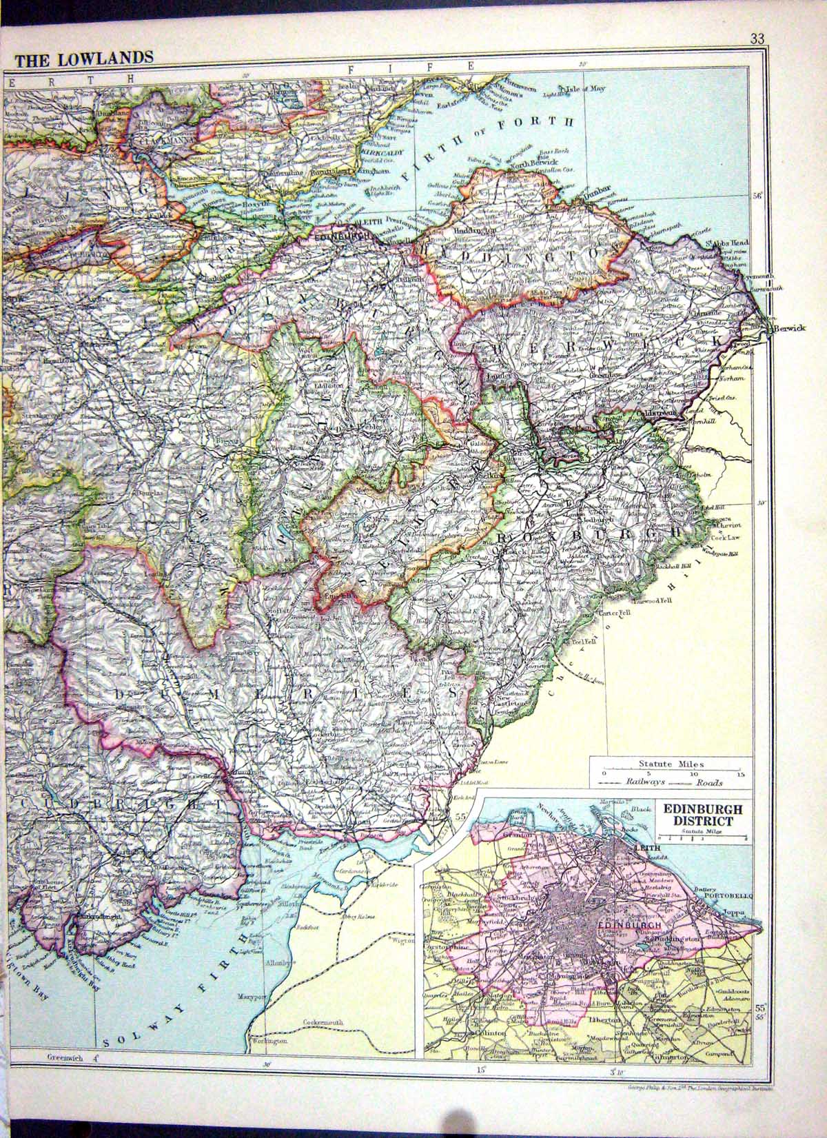 Old Print Cassell Map 1920 Lowlands Scotland Edinburgh Clackmannan Linnhe 20th