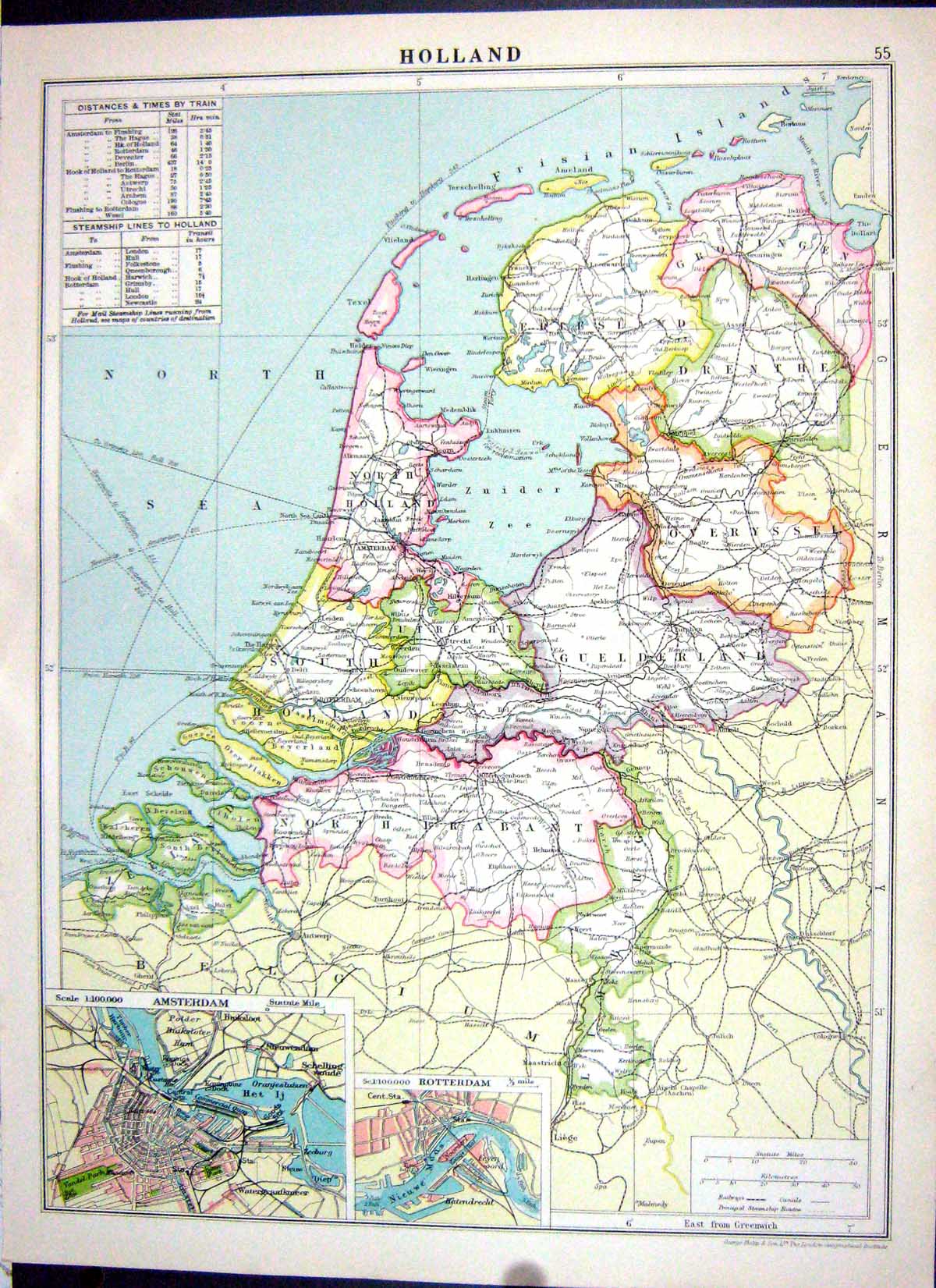 Antique Print Cassell Map 1920 Holland Amsterdam Rotterdam Switzerland Alps