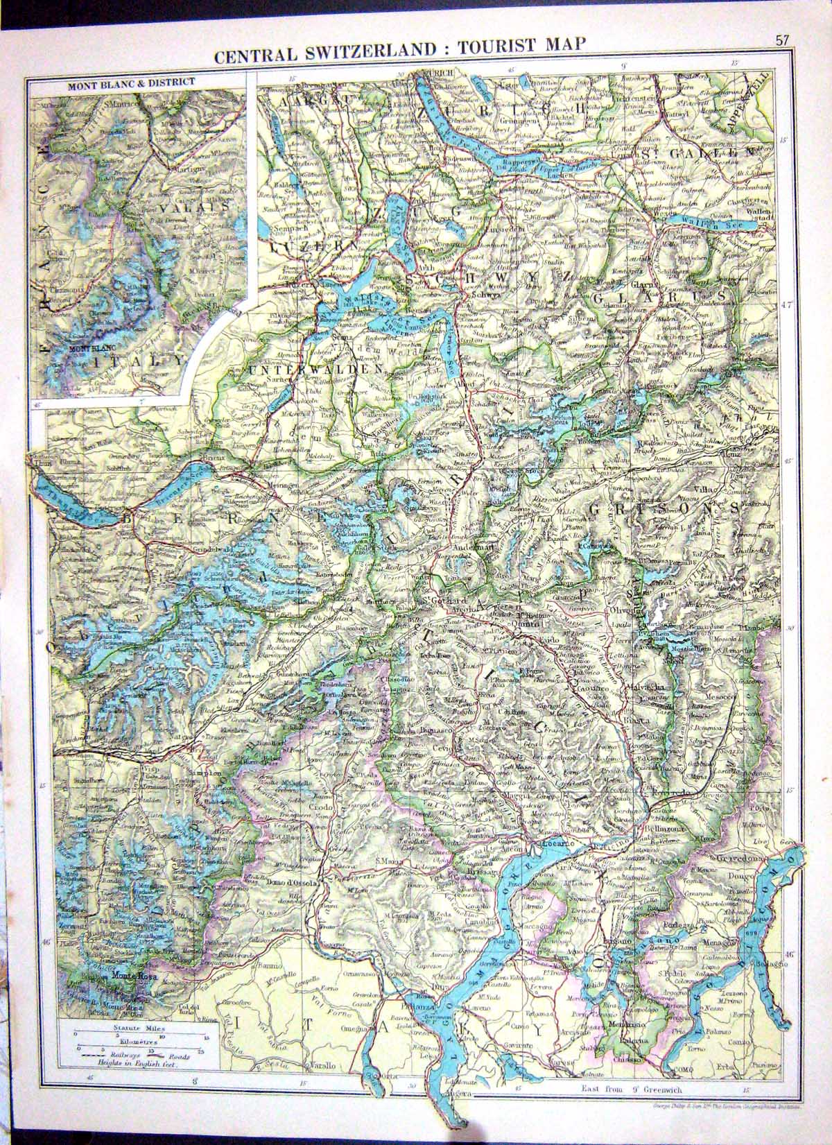 Old Cassell Map 1920 Switzerland Tourist Map Mont Blanc Spain Gibralt 20th