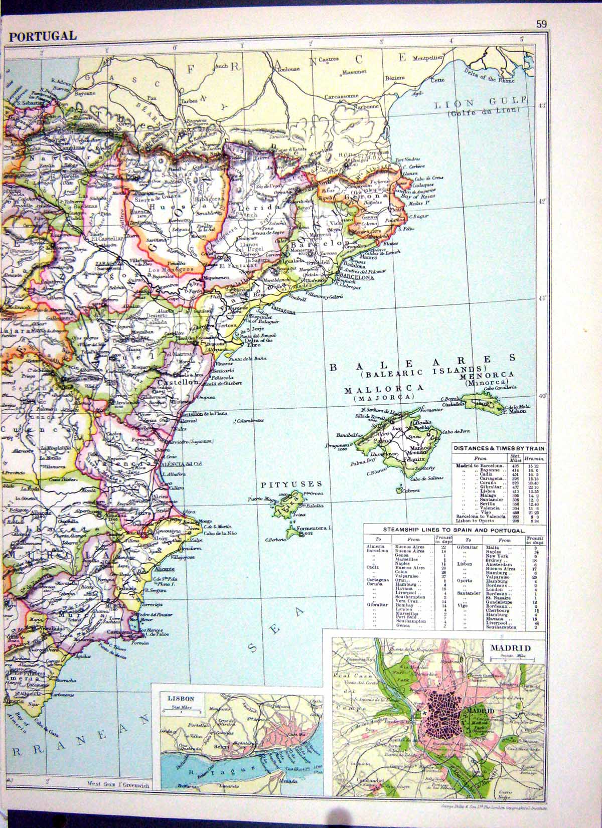 Old Print Cassell Map 1920 Lisbon Madrid Majorca Ibiza Minorca Italy Rome 20th