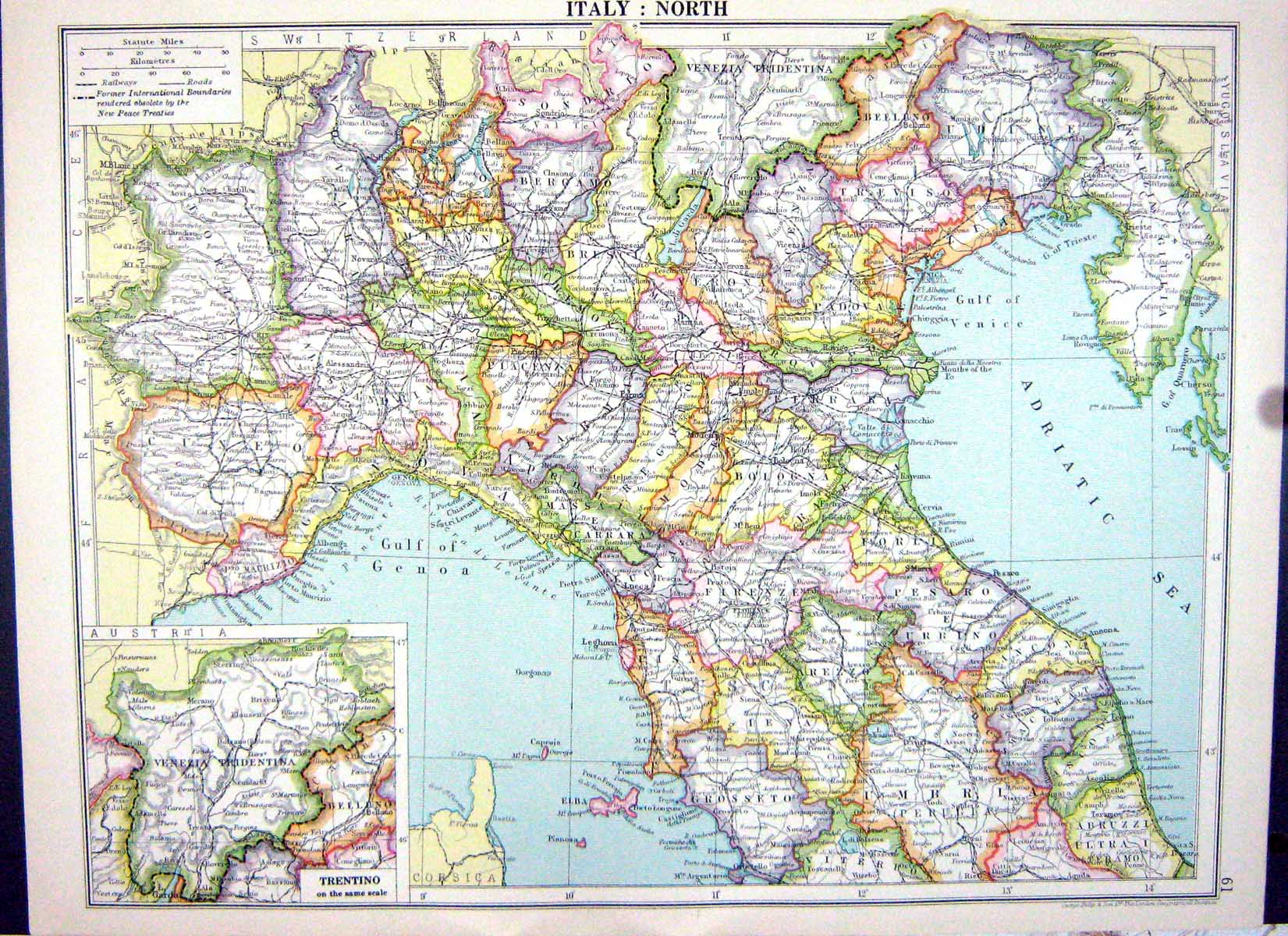 Old Vintage Print Cassell Map 1920 Italy Trentino Elba Sicily Naples Plan 20th