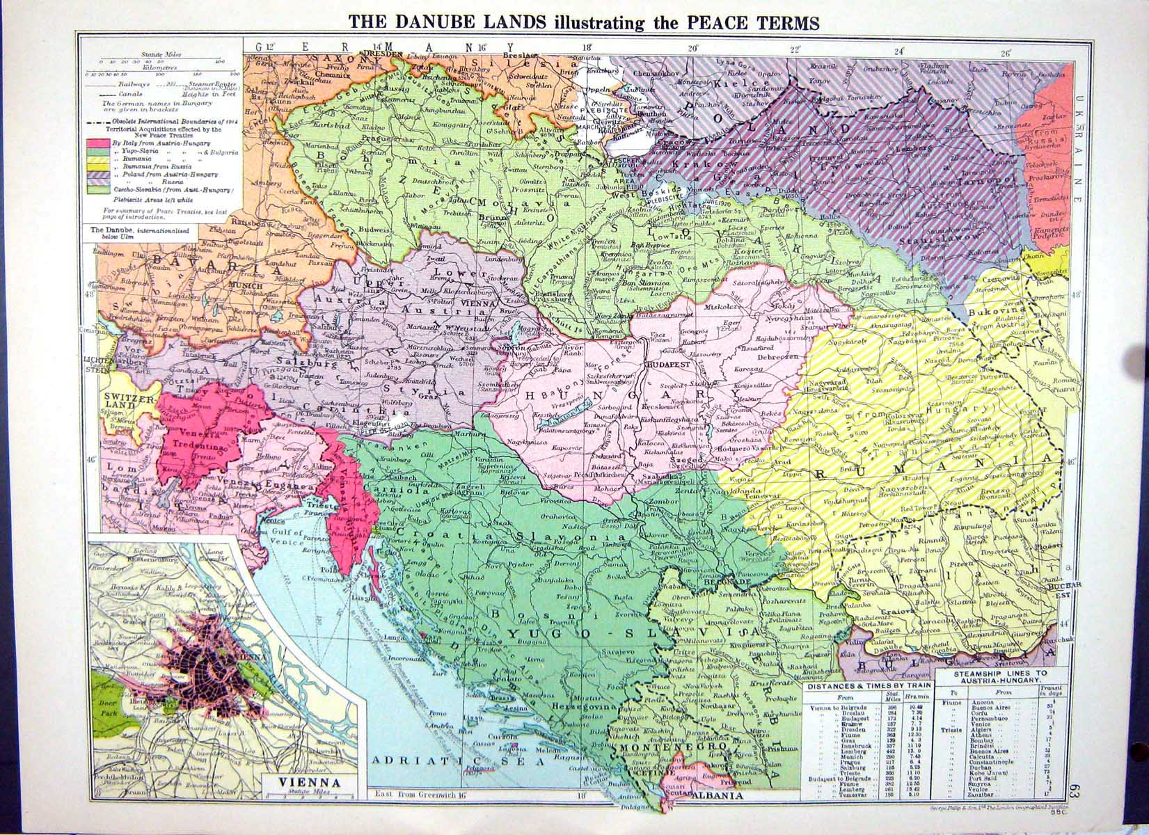 Old Cassell Map 1920 Danube Vienna Switzerland Austria Czecho-Slovaki 20th
