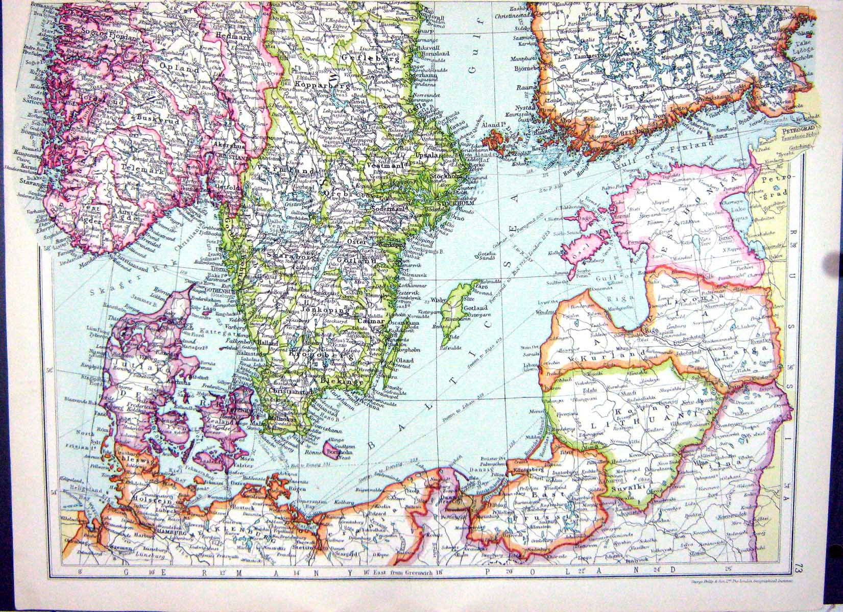 Old Print Cassell Map 1920 Denmark Sweden Norway Gotland Russia Bulgaria 20th