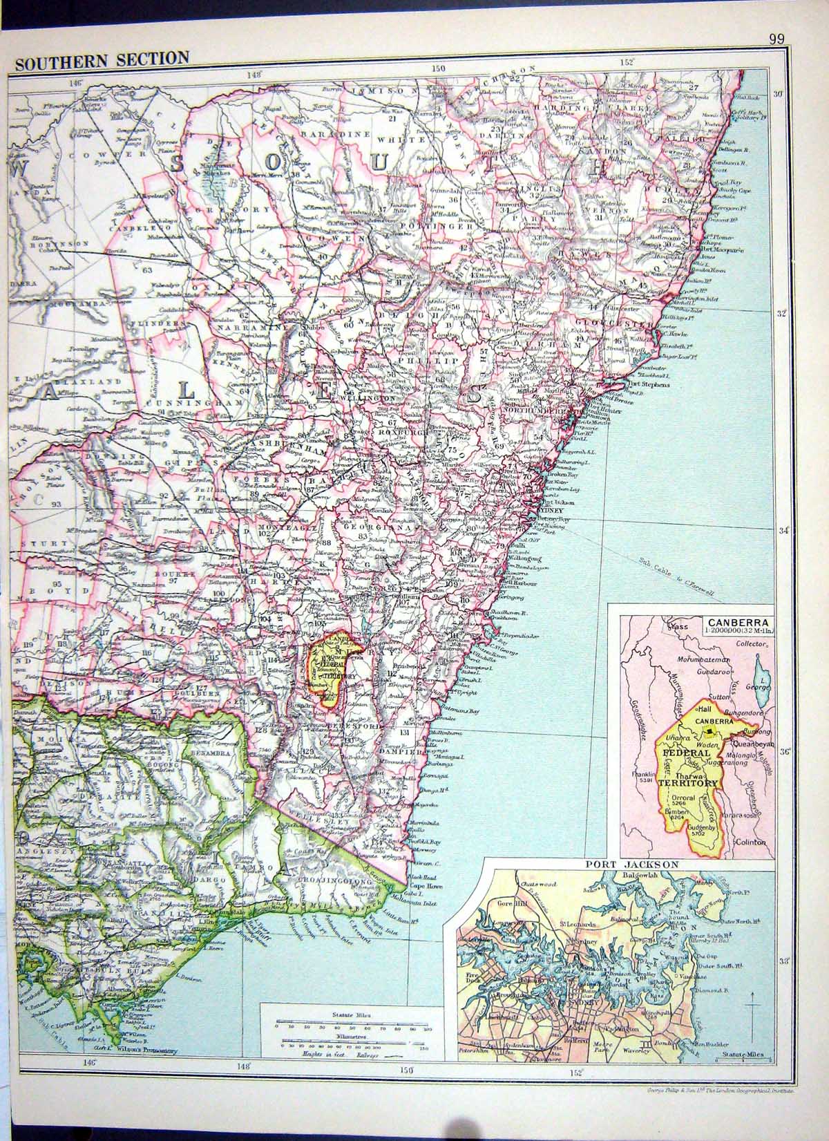 Antique Old Print Cassell Map 1920 Eastern Australia Canberra Port Jackson 20th