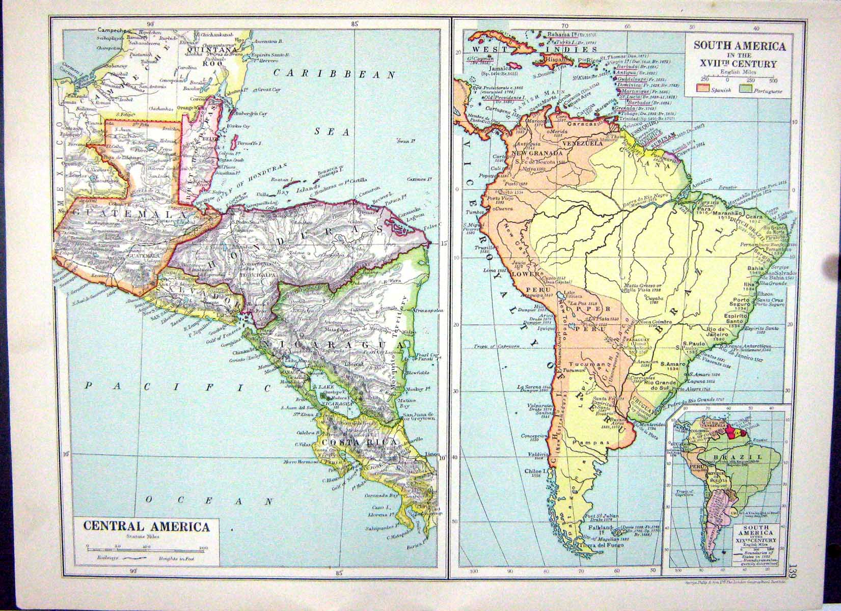 Old Cassell Map 1920 America Brazil Guatemala Costa Rica Guiana Colum 20th