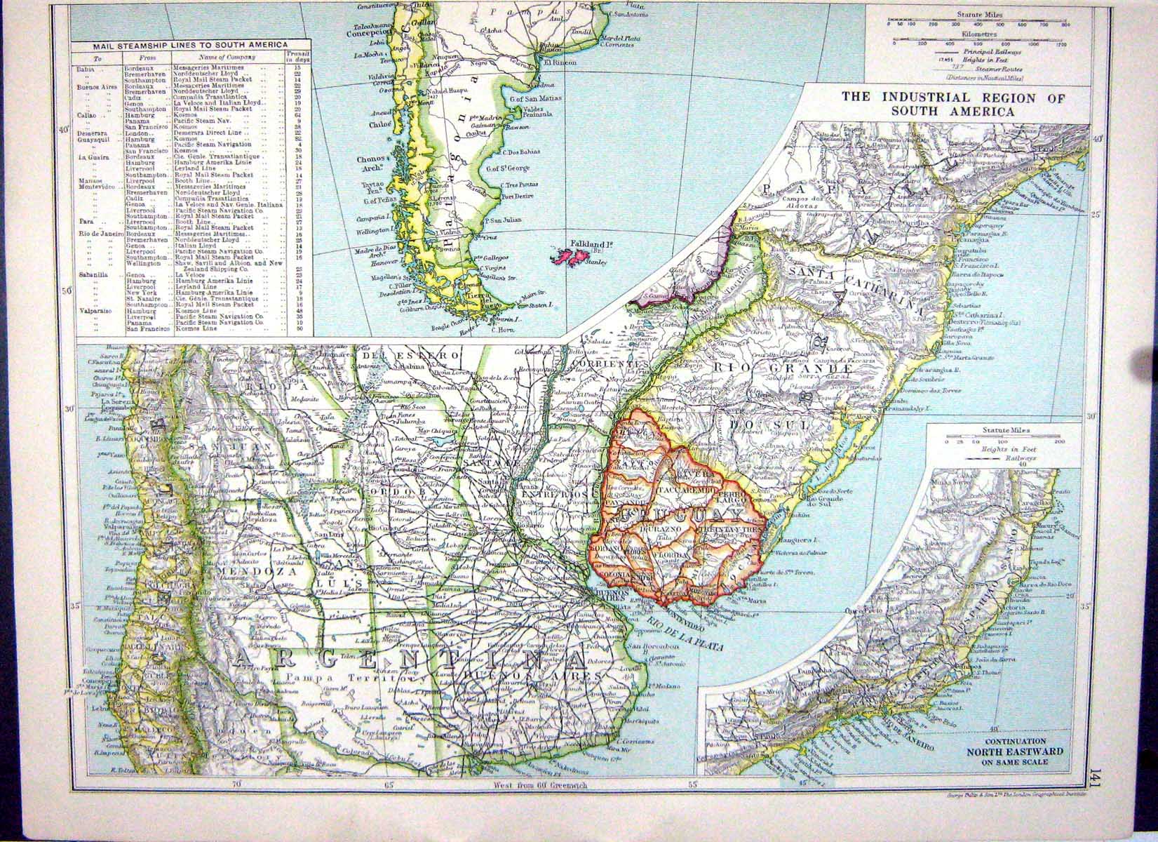 Old Cassell Map 1920 South America Argentina Rio Grande Janeiro Colom 20th