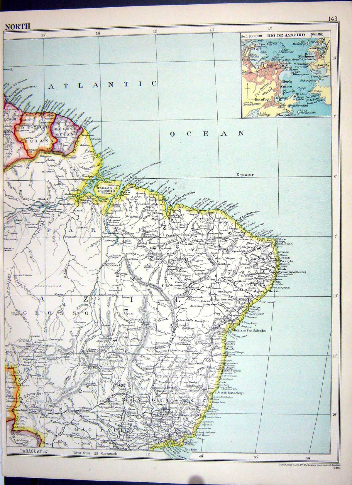 Old Cassell Map 1920 South America Rio Janeiro Brazil Falkland Ayres 20th
