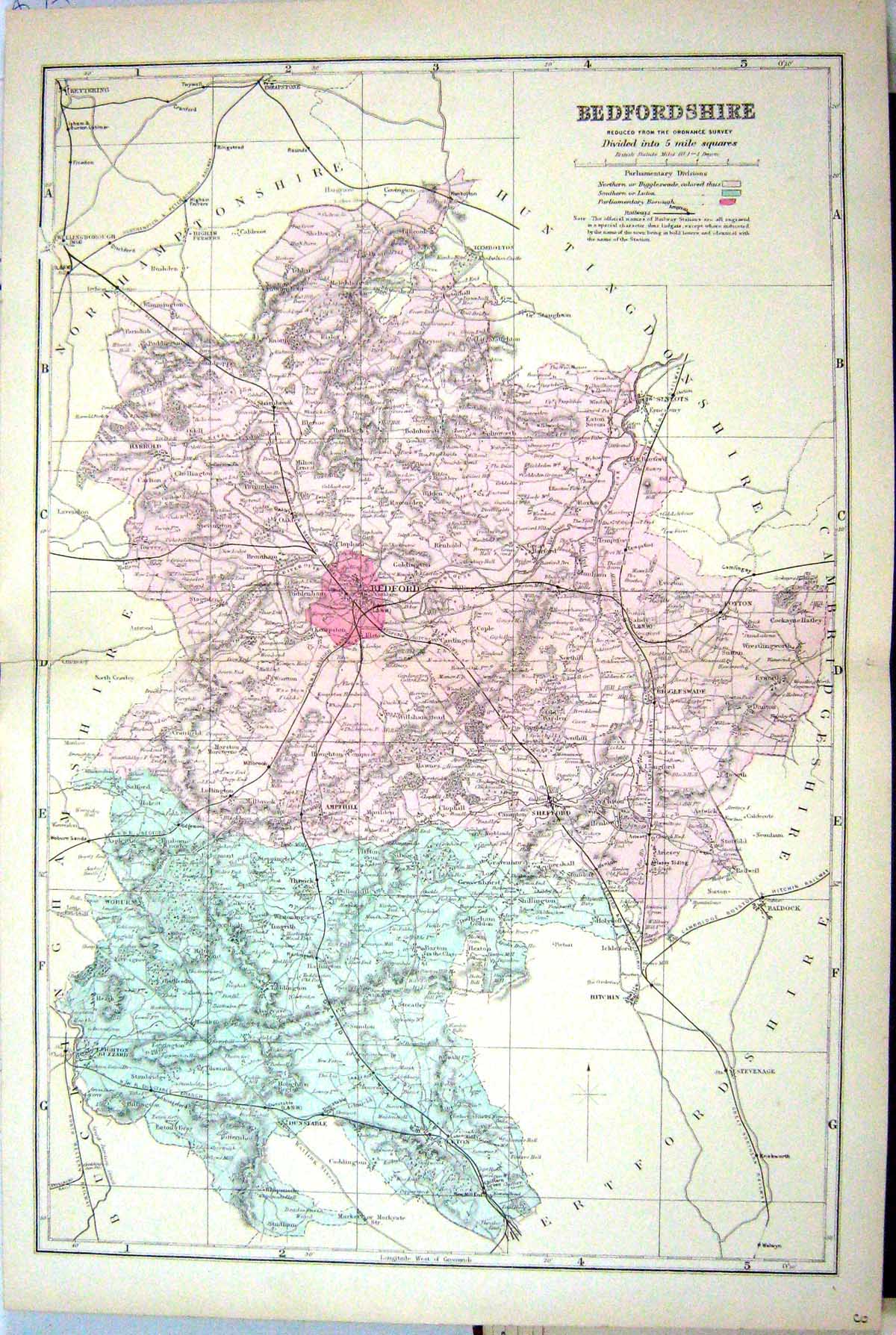Old Print Bacon Map C1884 Bedfordshire England Bedford Shefford Ampthill 19th