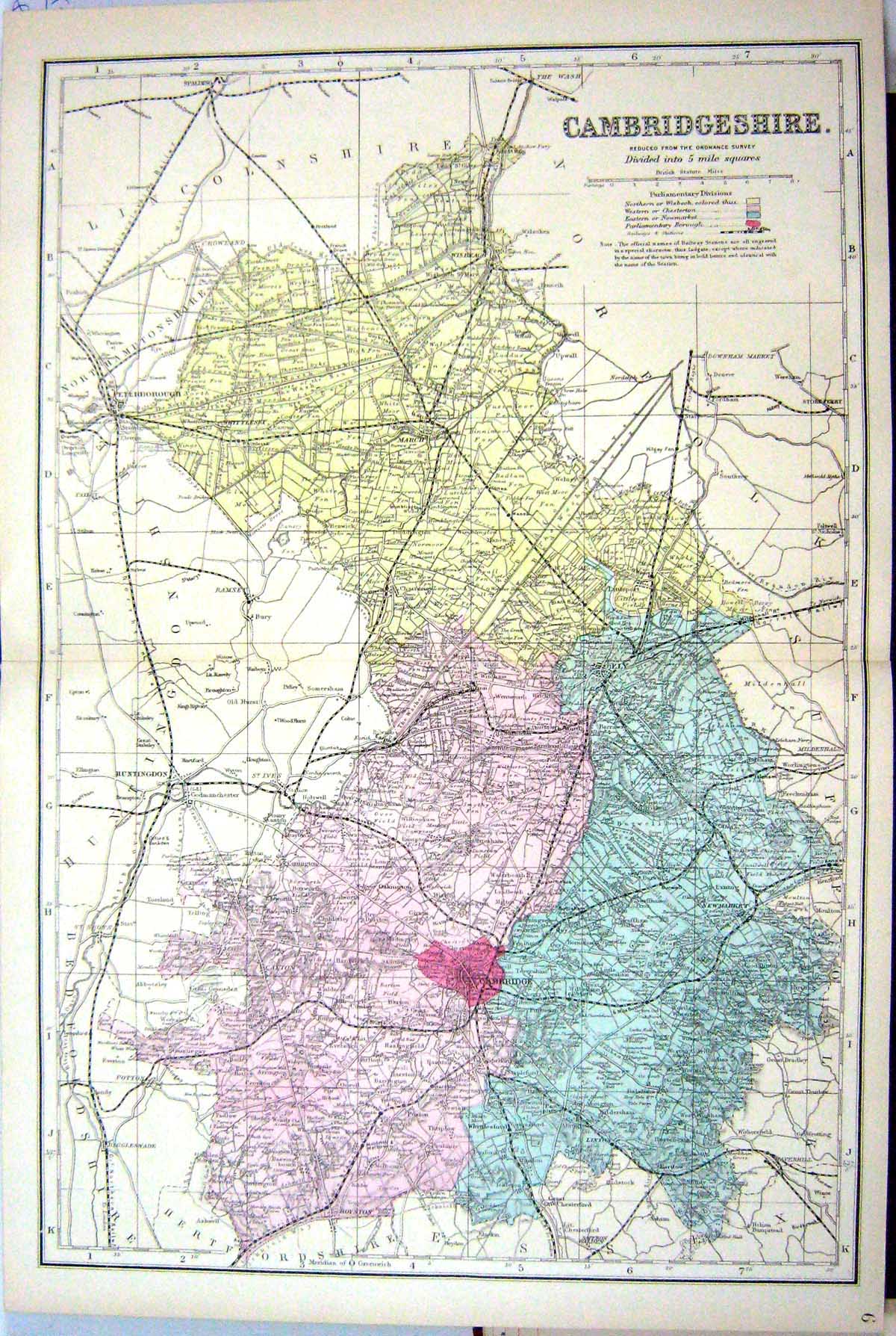 Antique Old Print Bacon Map C1884 Cambridgeshire England Cambridge Newmarket