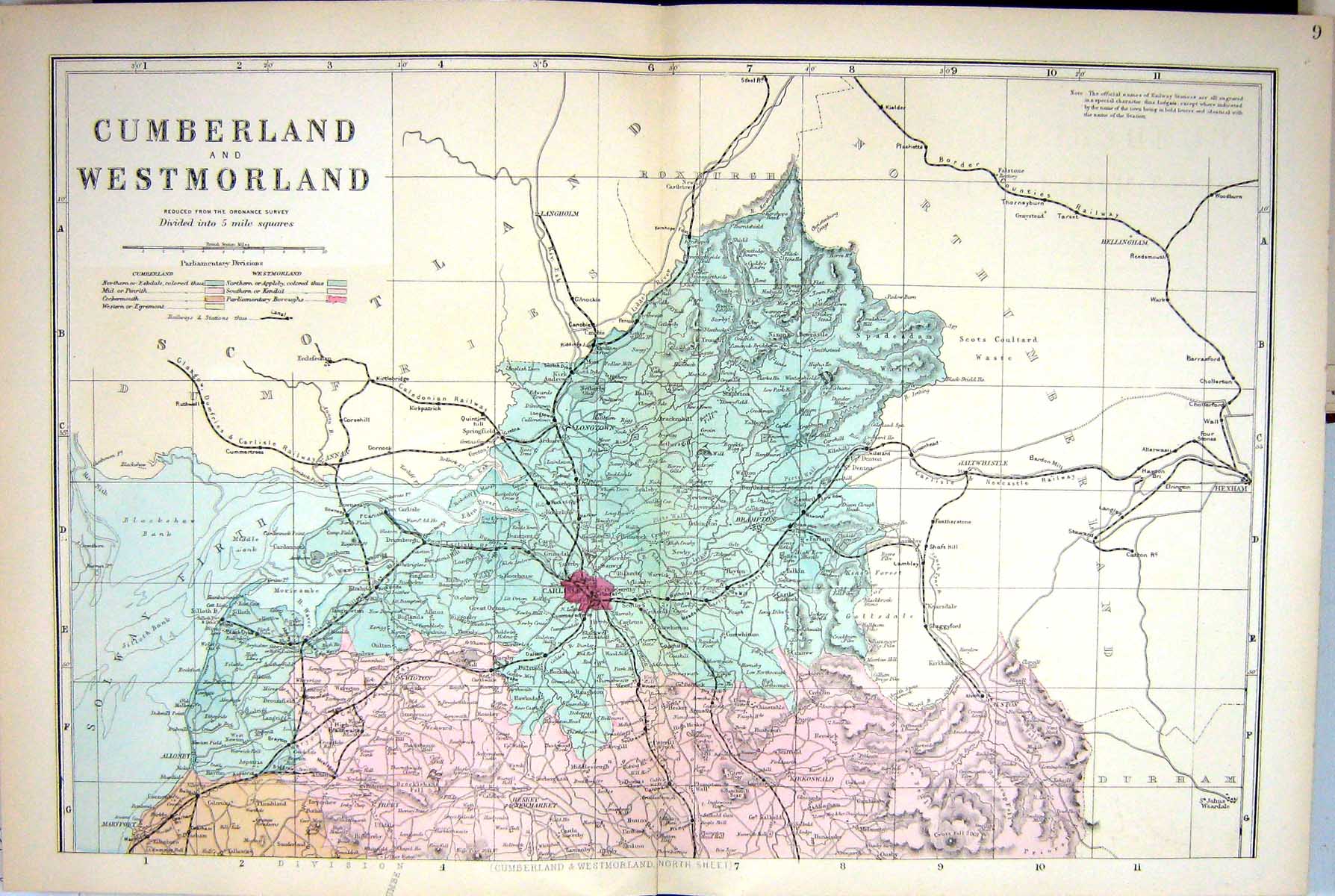 Old Print Bacon Map C1884 Cumberland Westmorland Carlisle Wigton England 19th