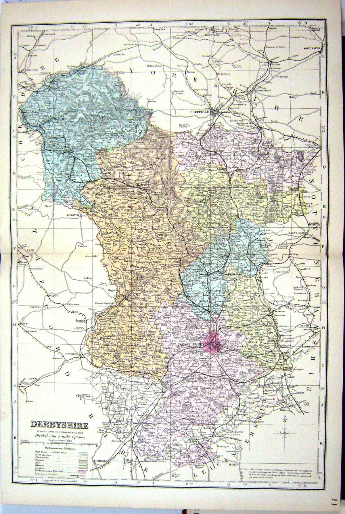 Old Antique Print Bacon Map C1884 Derbyshire England Derby Chesterfield 19th