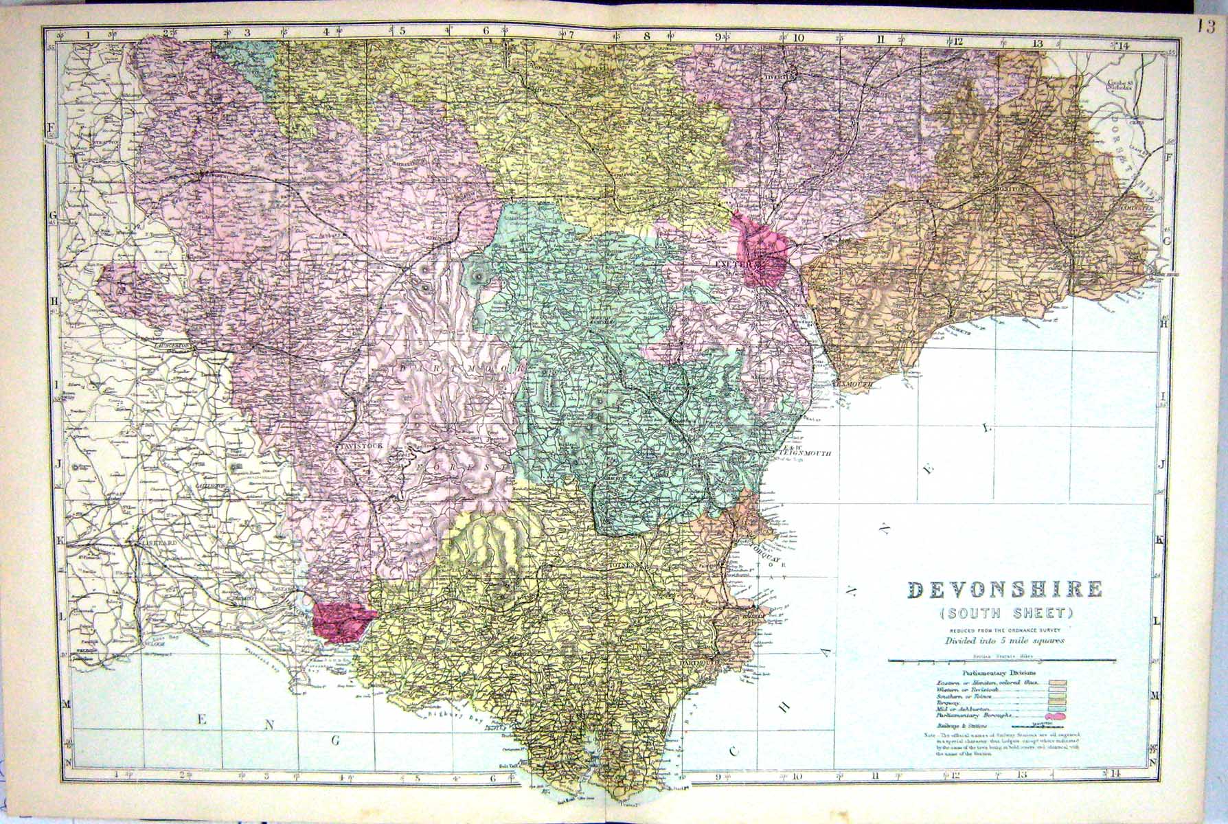 Antique Old Print Bacon Map C1884 Devonshire England Exmouth Exeter Torquay